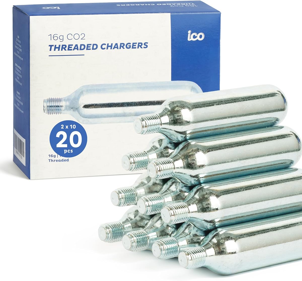 ICO CO2, 20pcs, 16g Threaded CO2 Cartridges, CO2 Cartridges for Use with CO2 Bike Tire Inflator, C02 Cartridges for MTB &amp; Road Bikes, Food Grade