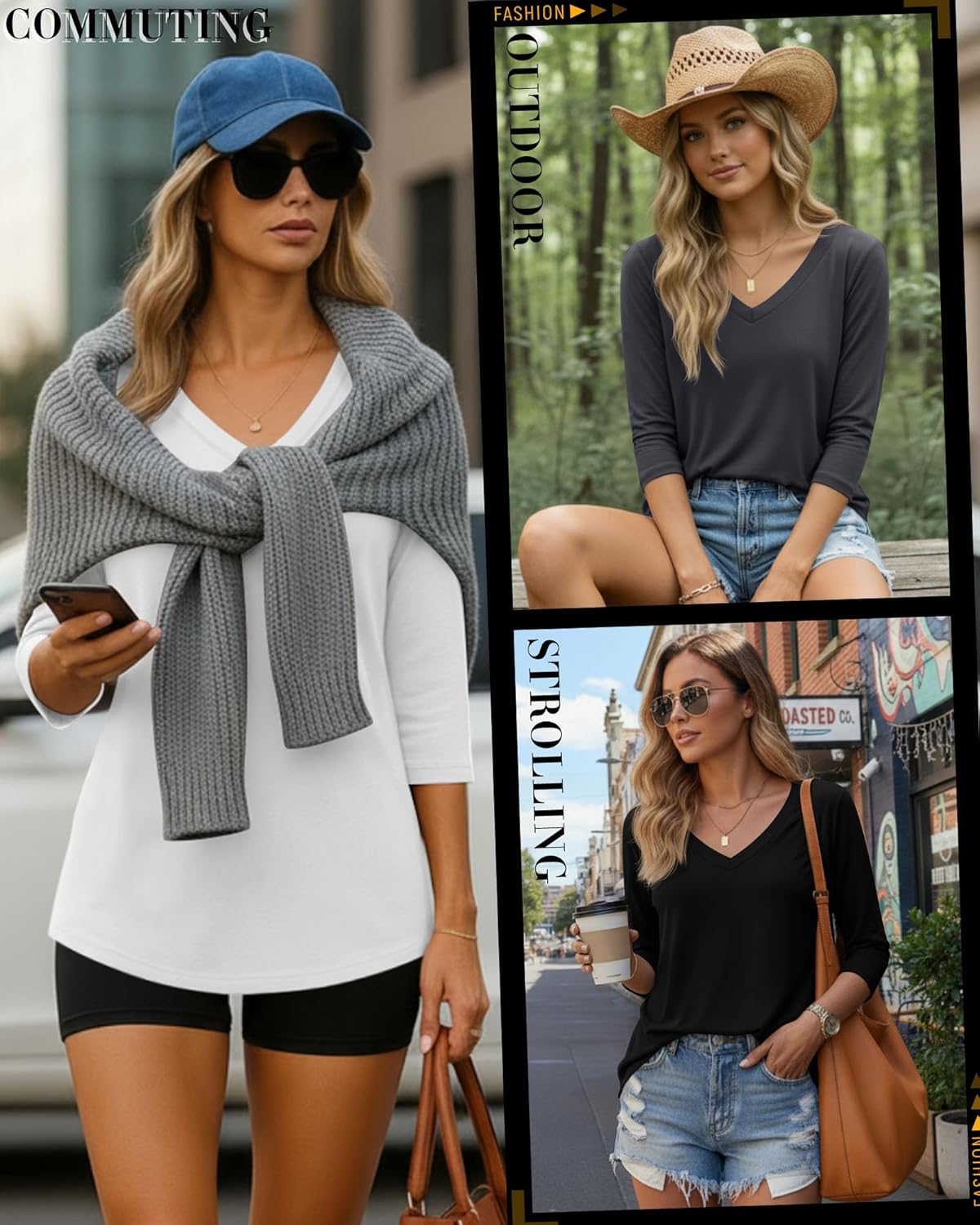 Ficerd 4 Pack Women's 3/4 Sleeve T Shirts, V Neck Casual Tunic Tops Loose Fit Cotton Basic Shirts Solid Color Fashion Tees - Image 2