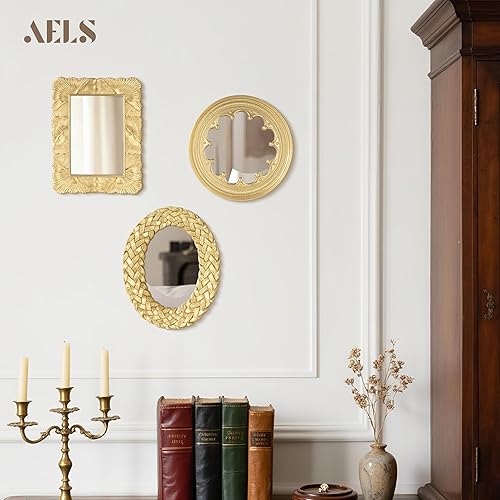 Miniatura 4 de AELS Paquete de 3 pequeños espejos dorados antiguos, decoración de espejo para colgar en la pared, decoración del hogar de lujo, juego de 3 espejos
