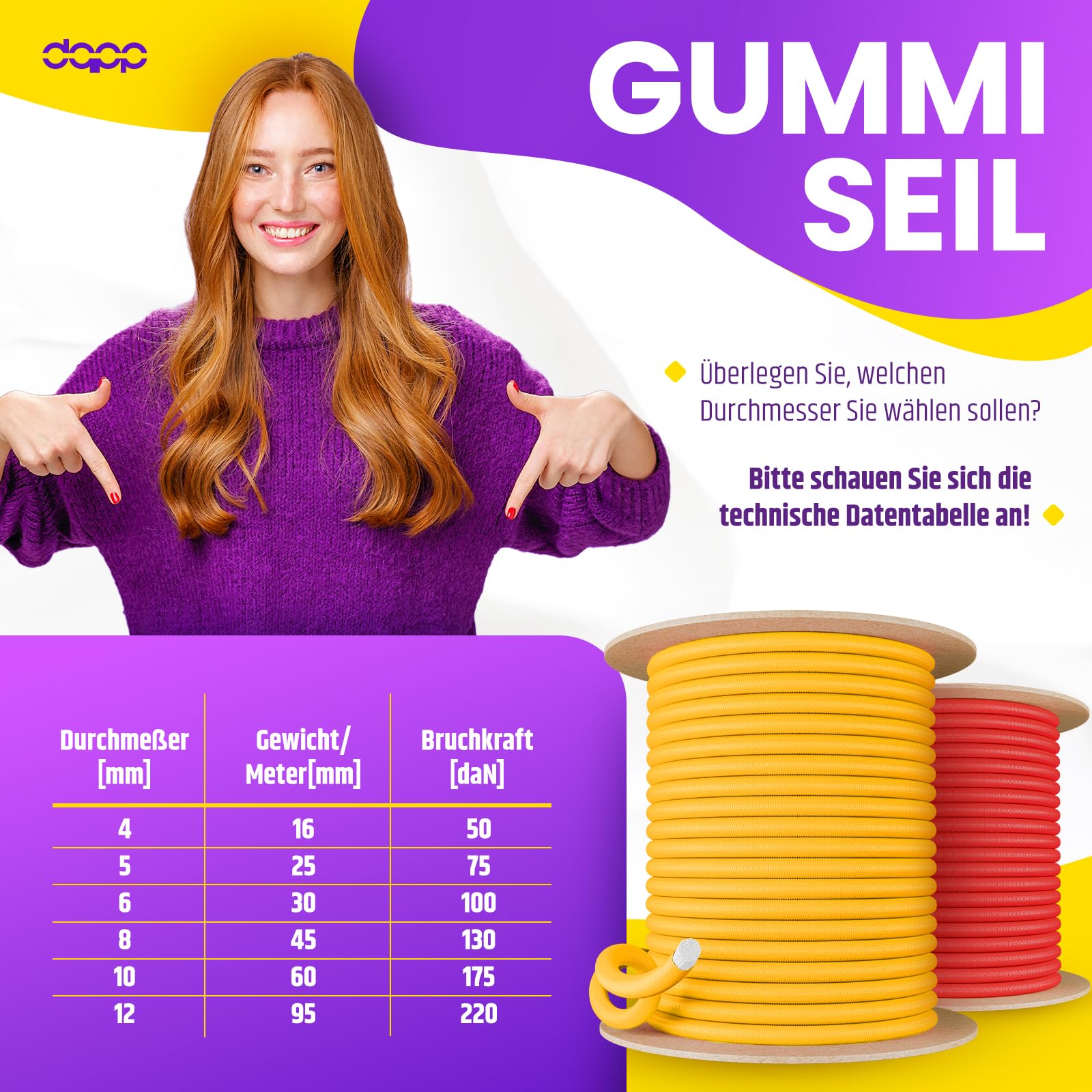 DQ-PP Corda in gomma gialla – 8 mm – 100 m – Cavo di gomma elastico per teloni