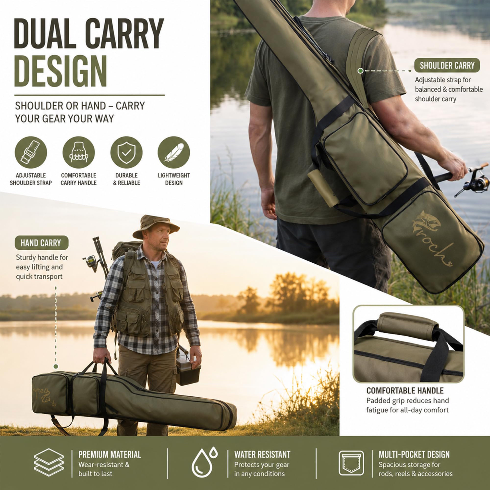 Croch Bolsa para caña de pescar con correa para el hombro, bolsa impermeable para cañas de pescar, bolsa Oxford, gran capacidad para cañas de pescar y carretes, bolsa de transporte de viaje