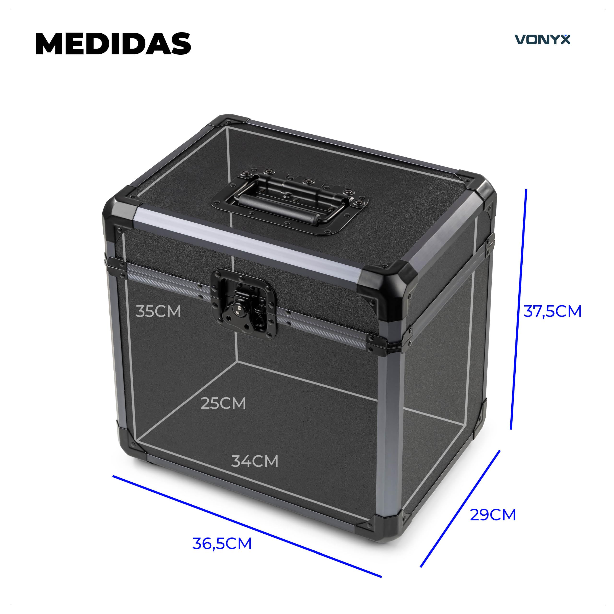 Vonyx RC82 Maleta para vinilos LP de 12 Pulgadas con Capacidad para 70 Discos de Vinilo, Interior Acolchado, Flight Case con Tapa extraíble, Cierres Mariposa, asa, Negra para DJ y Transporte