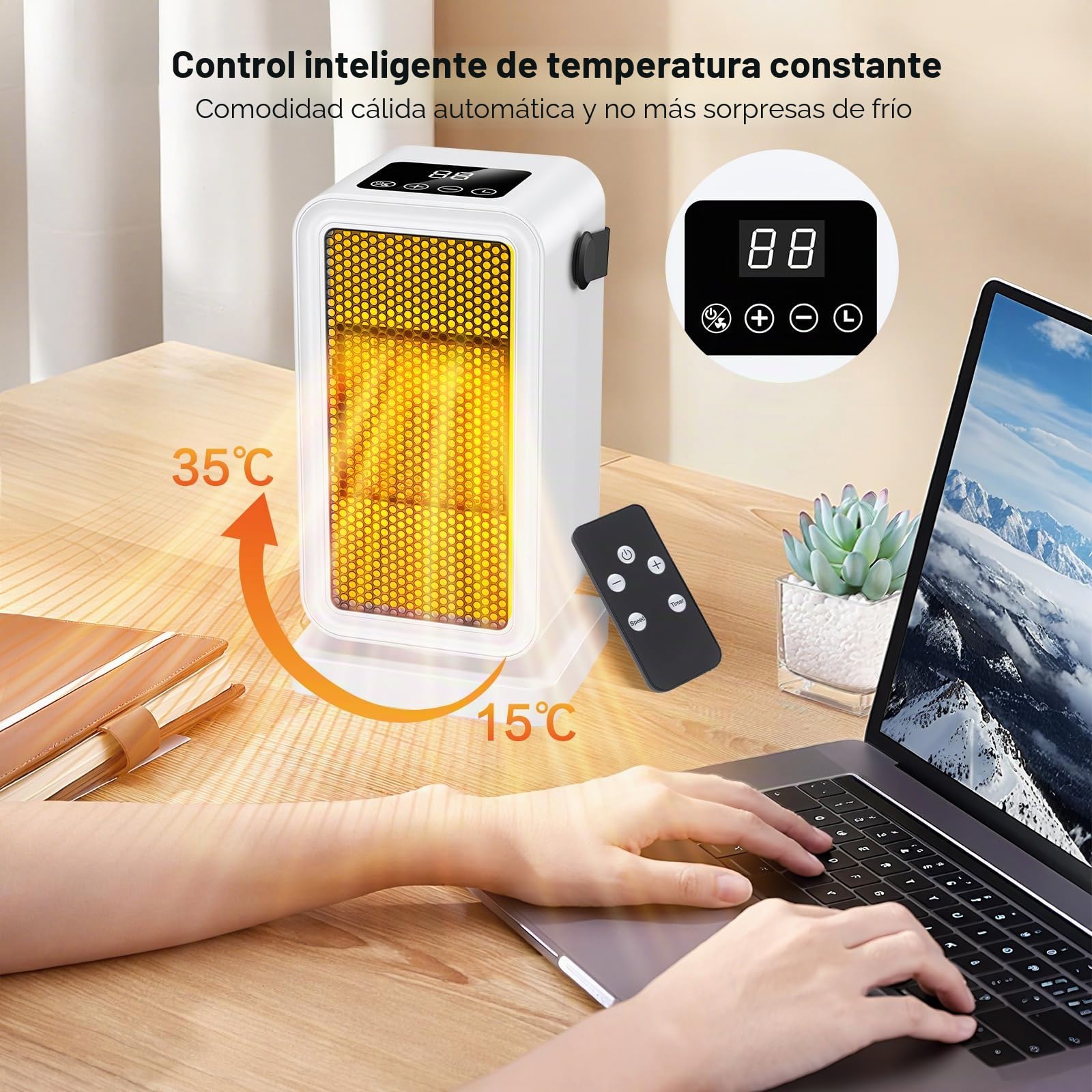 Calefactor Eléctrico 1200W, Mini PTC Cerámico Calefactor con Pantalla LCD, Control Remoto, Termostato, 2 Modos, Temporizador 12H, Protección Contra Sobrecalentamiento, para Oficina, Hogar, Dormitorio