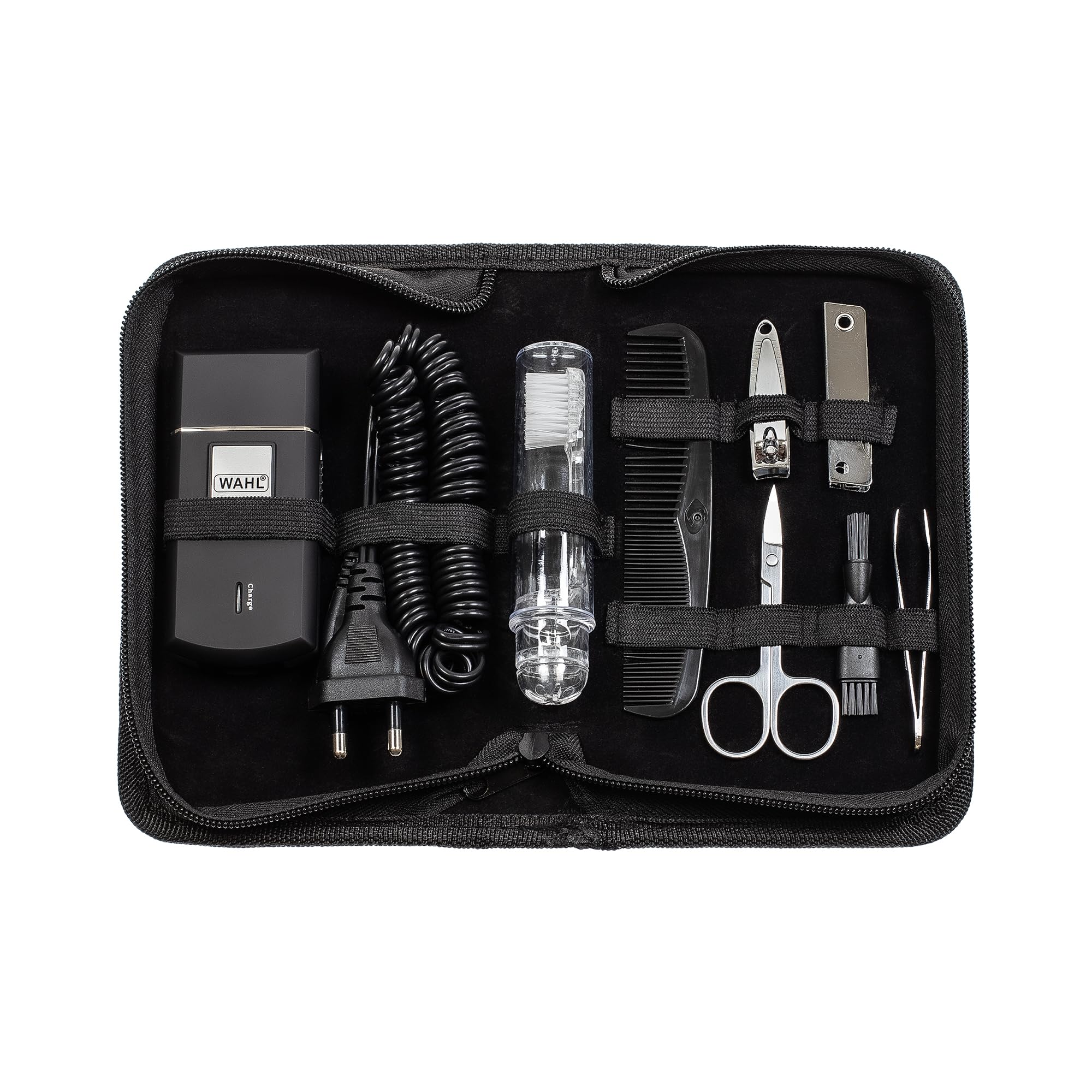 WAHL Travel Shaver Kit, rechargeable, grille de rasoir flexible, inclu une brosse à dents, une lime à ongles, coupe-ongles, une pince à épiler, un peigne, parfait pour le voyage, petit, étui de voyage