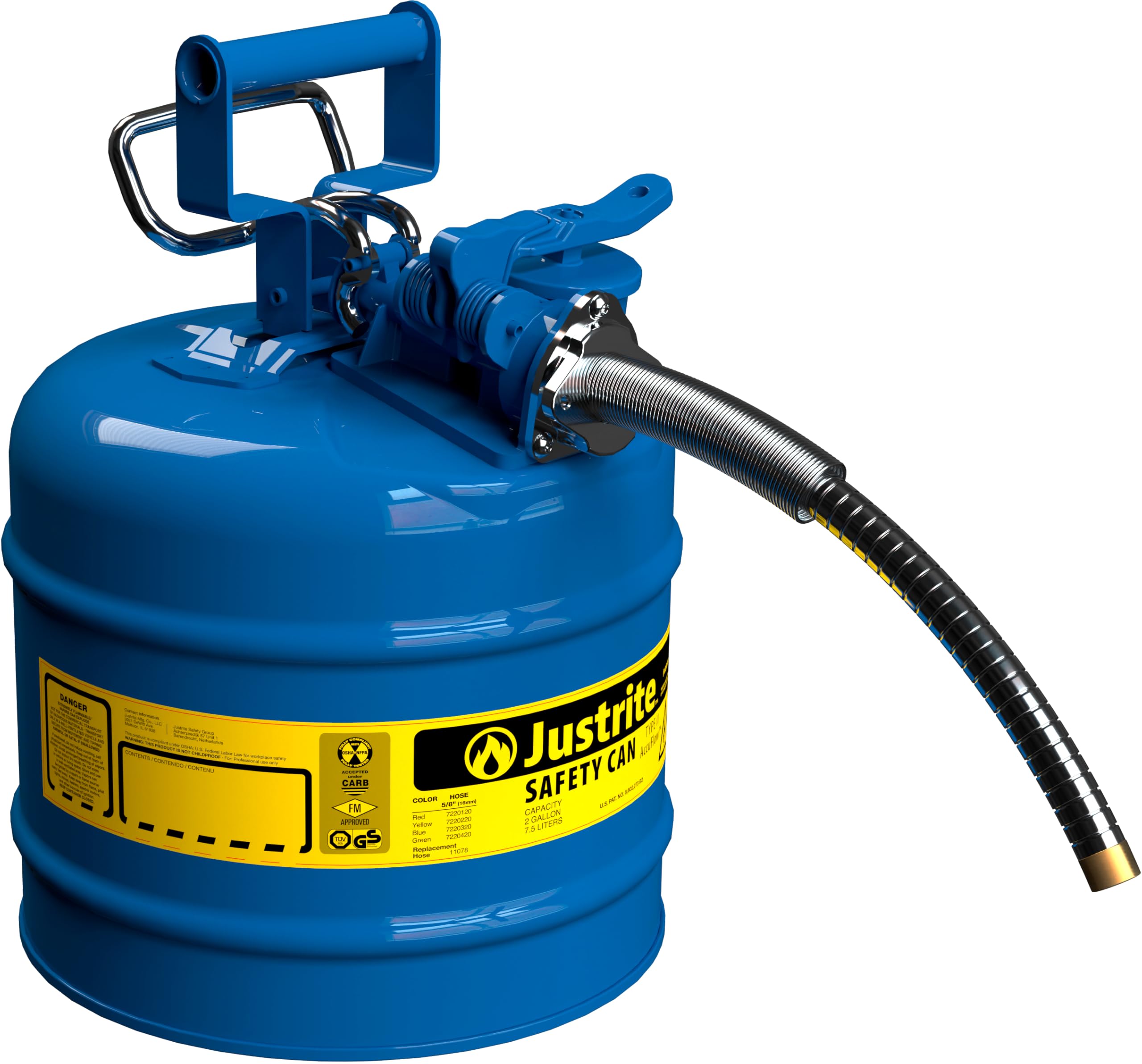 Justrite Type II Kerosene Safety Can, Blue Galvanized Steel, FM Approved