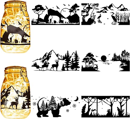 CREATCABIN 6 piezas de siluetas de montaña del bosque, decoración de tarro de masón, farol, recortes láser, animales, ciervos, adornos para álbumes