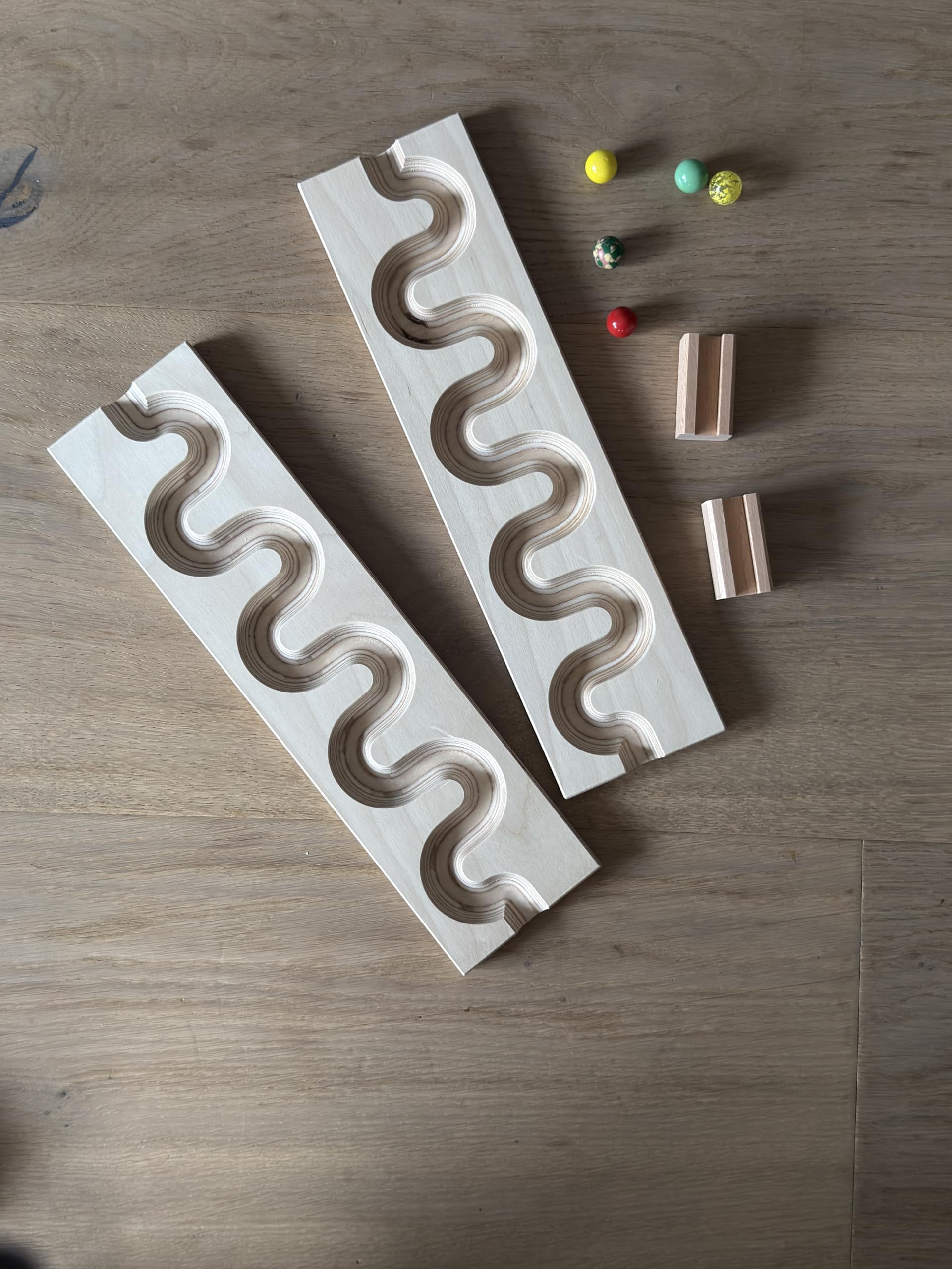 Murmelbahn-Set 2er Kombi, Schlängelplatten, Hinternissplatten, Wettrennen Turm, Auffangschale Kugelbahn Holzspielzeug