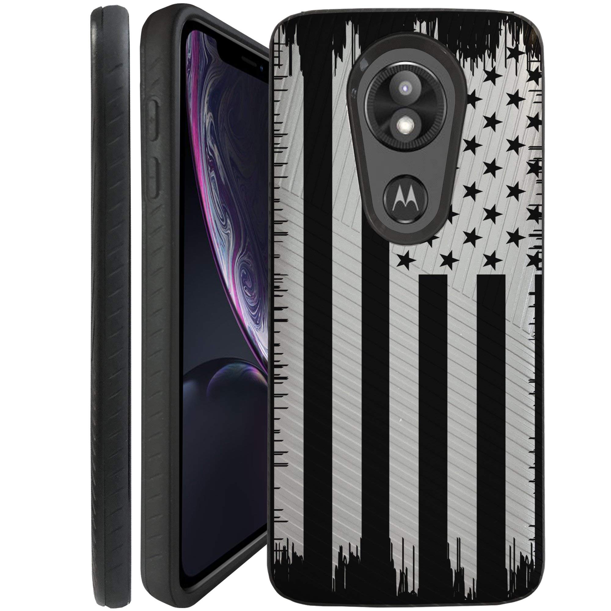 CasesOnDeck Case for Motorola Moto E5 Plus/Moto E5 Supra - Slim Fitted Hybrid Fusion Embossed Dual Layer Cover (Black White US Flag)