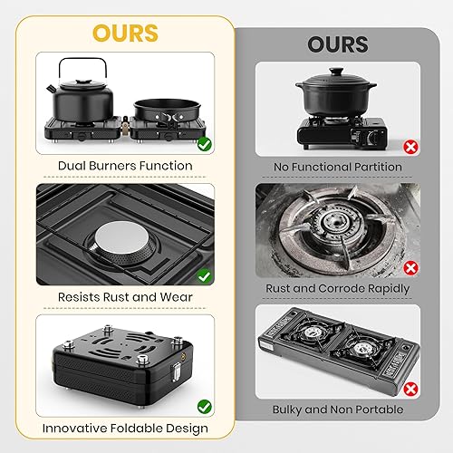 Miniatura 8 de Estufa de campamento de propano plegable de 2 quemadores con bolsa de transporte, quemadores de calor altos ajustables y botón piezoeléctrico