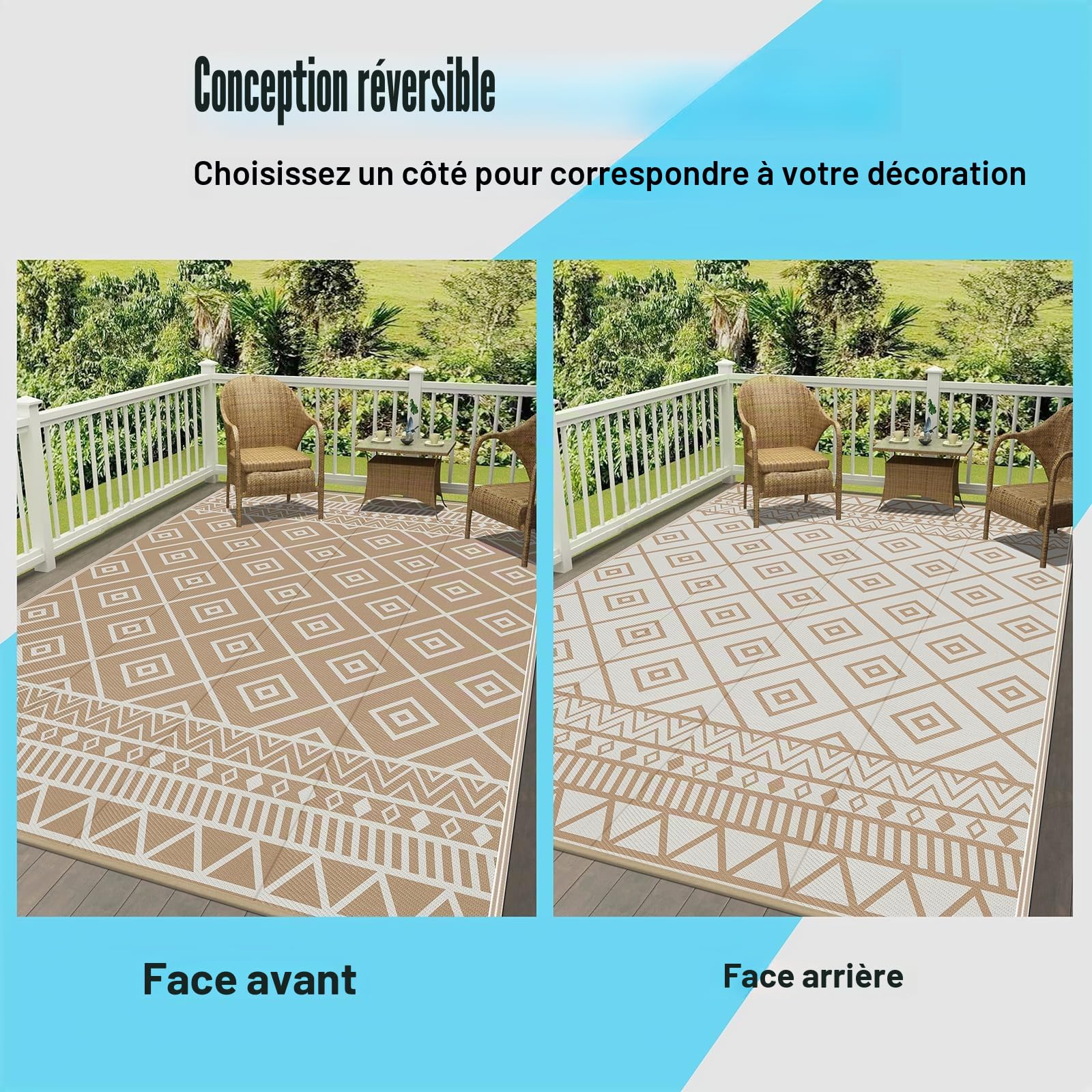 Enyhom Tapis d'extérieur Résistant aux Intempéries 240 x 300 cm, en Plastique Grande Fermeture éclair - Tapis d'extérieur Réversible pour Balcon, Camping, Plage, Jardin d'hiver