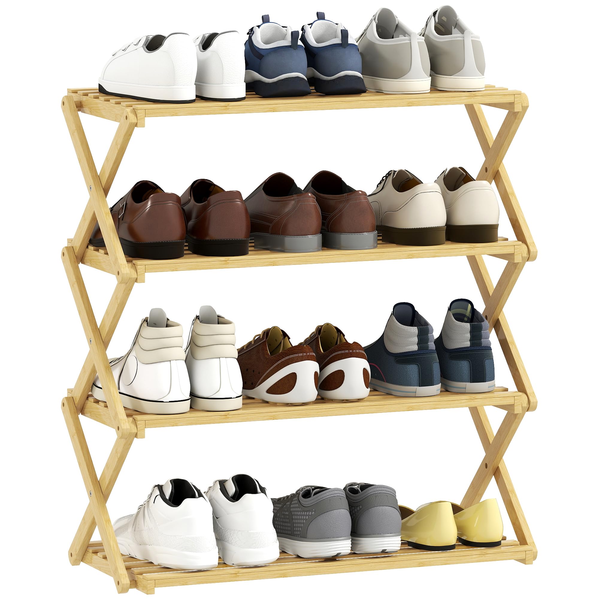 HOMCOM Bamboo Folding Shoe Rack - 4-Tier - Natural