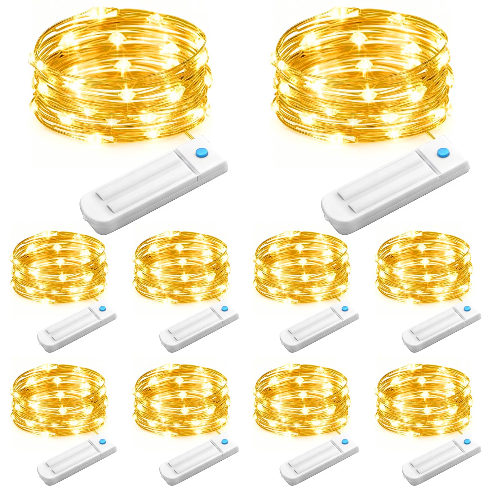 Lot de 10 guirlandes lumineuses à piles avec minuteur, 3 m, 30 LED, 8 modes, étanches, pour chambre à coucher, bricolage, maison, fête, mariage, décoration de Noël, blanc chaud