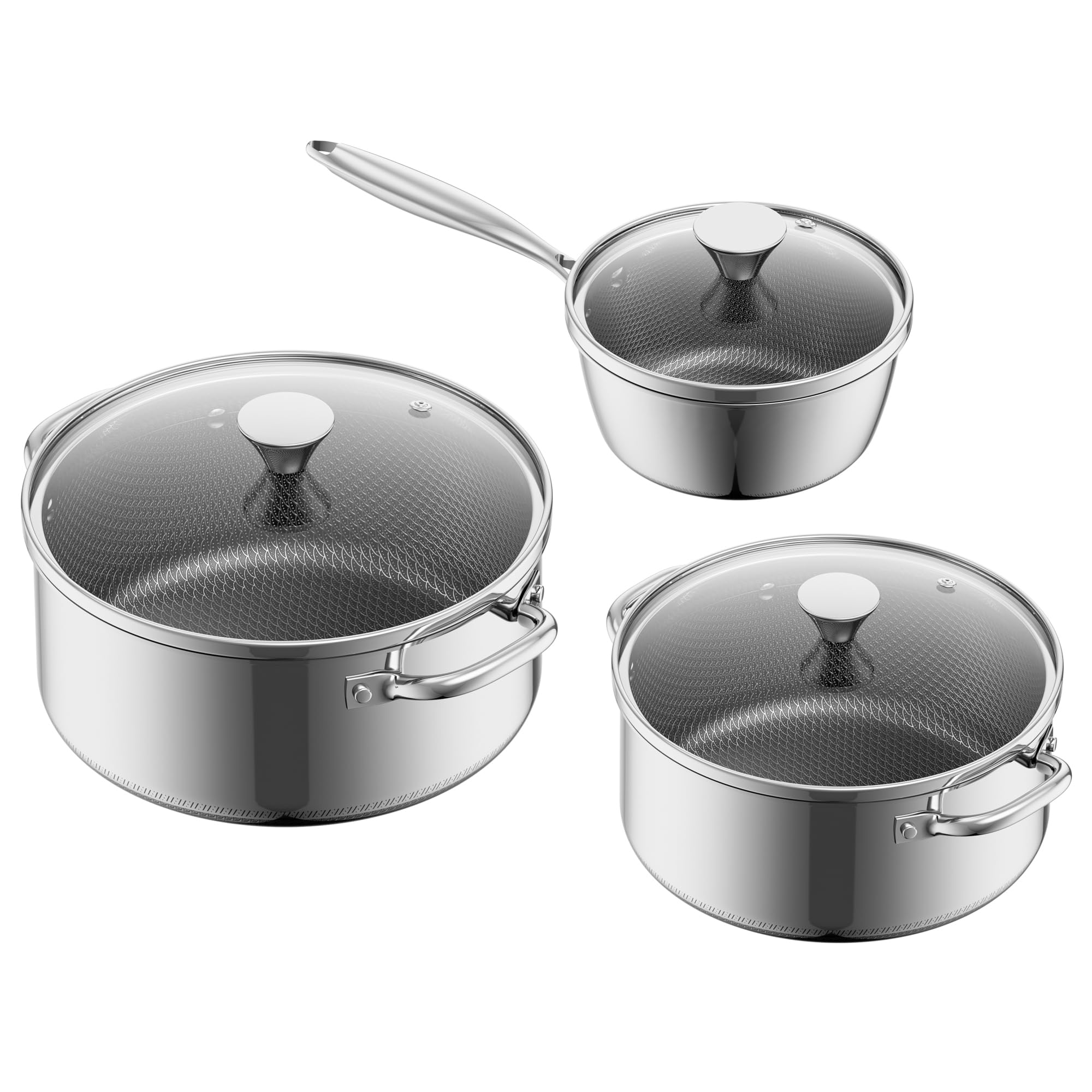 ZEROPAN Saucepan Set Nonstick with Glass Lid 16+20+24cm, Sauce Pot Sets Stainless Steel, Stay-Cool Handle, Dishwasher, PFAS PFOA & PTFE Free, Oven-Safe Up to 260°C, Suitable for All Cooktops