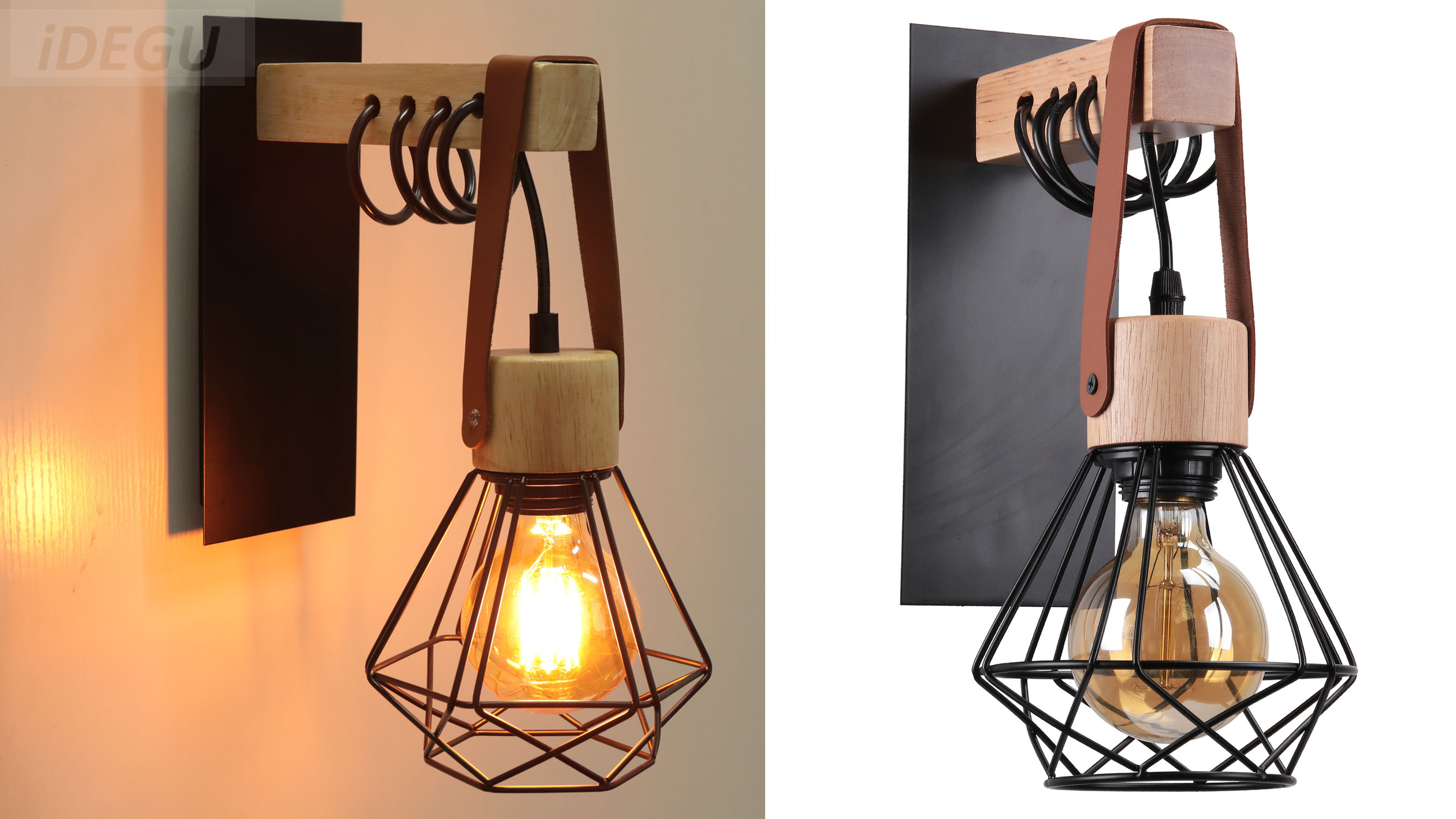 2 Appliques Murales Vintage IDEGU – Cage Métal Et Bois, Abat-jour Réglable, Douille E14 – Pour Chambre, Salon, Café (noir, 18x16x20 Cm)