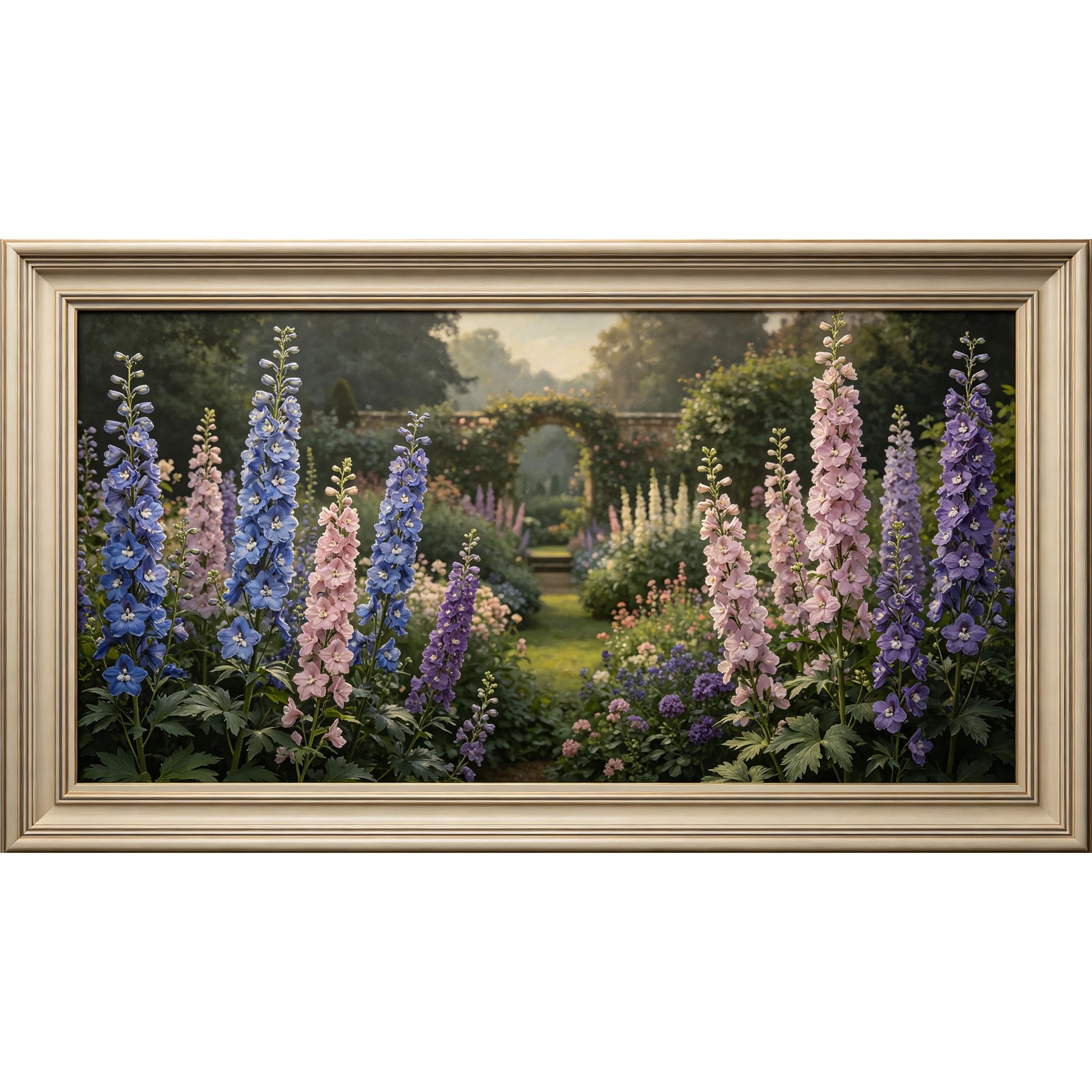 QZLITHOTIC 50×90cm3D Framed Wall Art， Botanical Delphinium Flower Garden Mural， WaterActivated Peel & Stick Fabric Decor Wall Decal for Bedroom Living Room