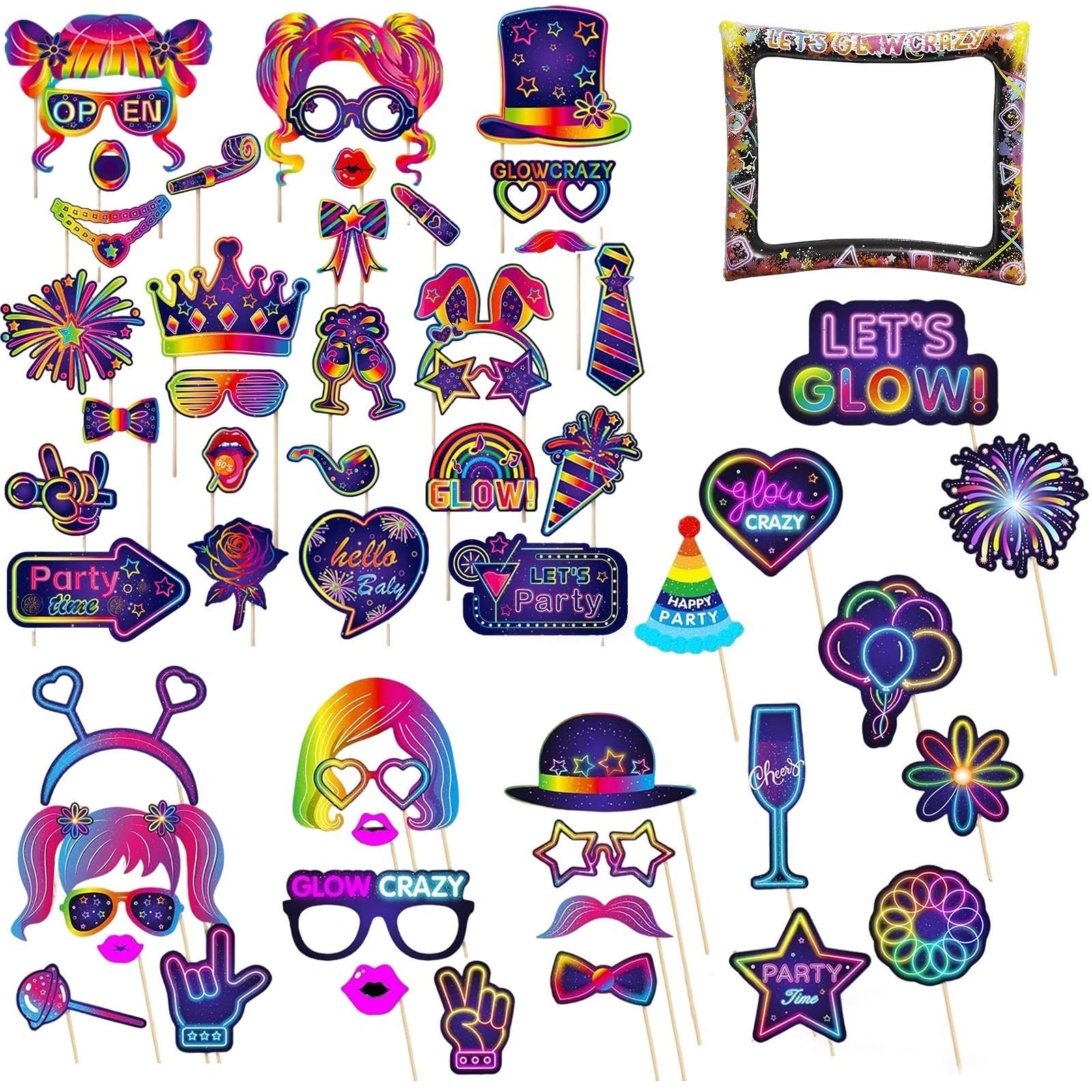 60PCS Photo Booth Props, Vibrant Neon Party Accessories, Perfect for Birthdays, Weddings, Glow Parties & Carnival Events