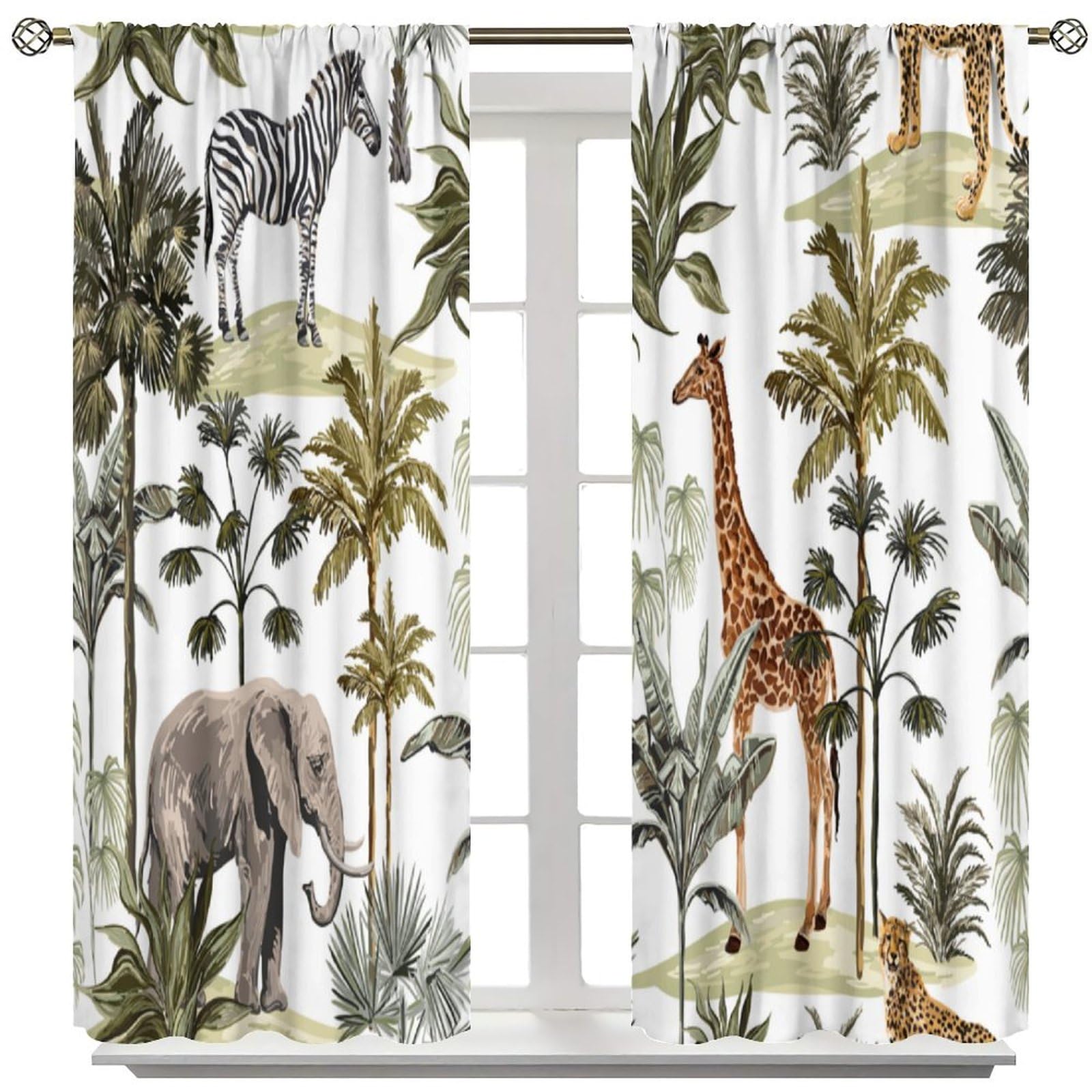 BenYaSong Tropical Rainforest Animals Curtain Jungle Elephant Giraffe Leopard Decorative for Home Kitchen Livingroom Coffee Room Window Curtain 2Panel 52" W X 84" L