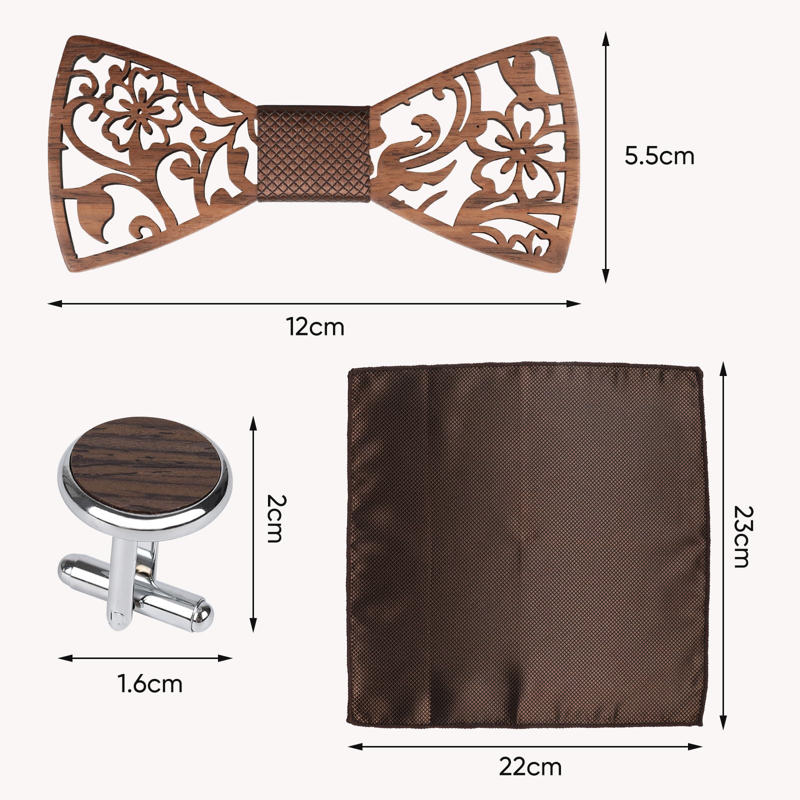 Mr.Van Noeud Papillon Bois les hommes, Naturel Noir Noyer Creux Sculpture Fleurs, Coffret en Bois (comprenant Boutons de Manchette,Mouchoir et Noeud papillon) pour Groomsman de Mariage Business