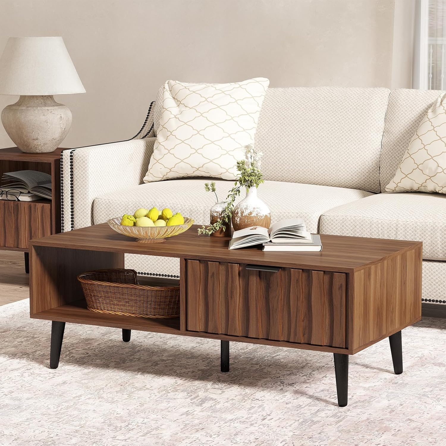 BECHAEO Coffee Table with Solid Wood Legs, 47" Mid Century Modern Wood Center Table with Open Storage & Grooved Drawers, Walnut Retro Living Room Tables