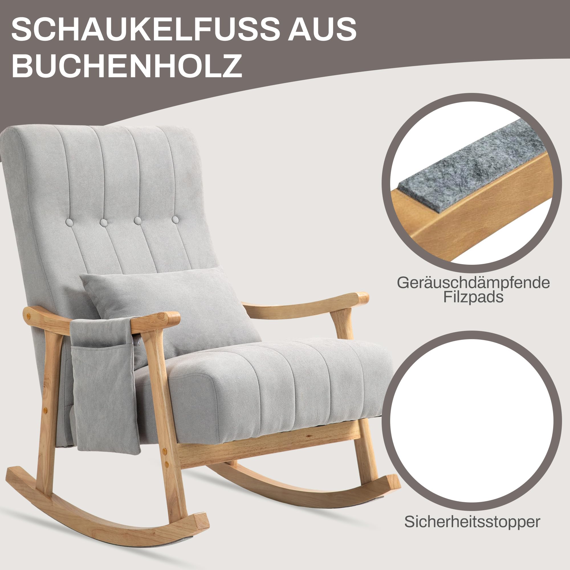 HOMCOM Schaukelstuhl Schaukelsessel mit Rückenlehne, Lendenkissen, Holzkufen, Sessel, Relaxsessel mit Leinenoptik Weich Schwingsessel Stillsessel für Wohnzimmer, Schlafzimmer Grau