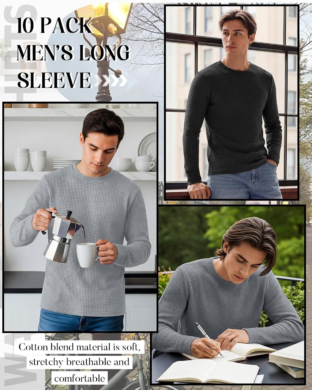 Huukeay 10 Pack Men's Long Sleeve Waffle Shirts Crew Neck Thermal Tops Pullover Undershirts with Cuffs