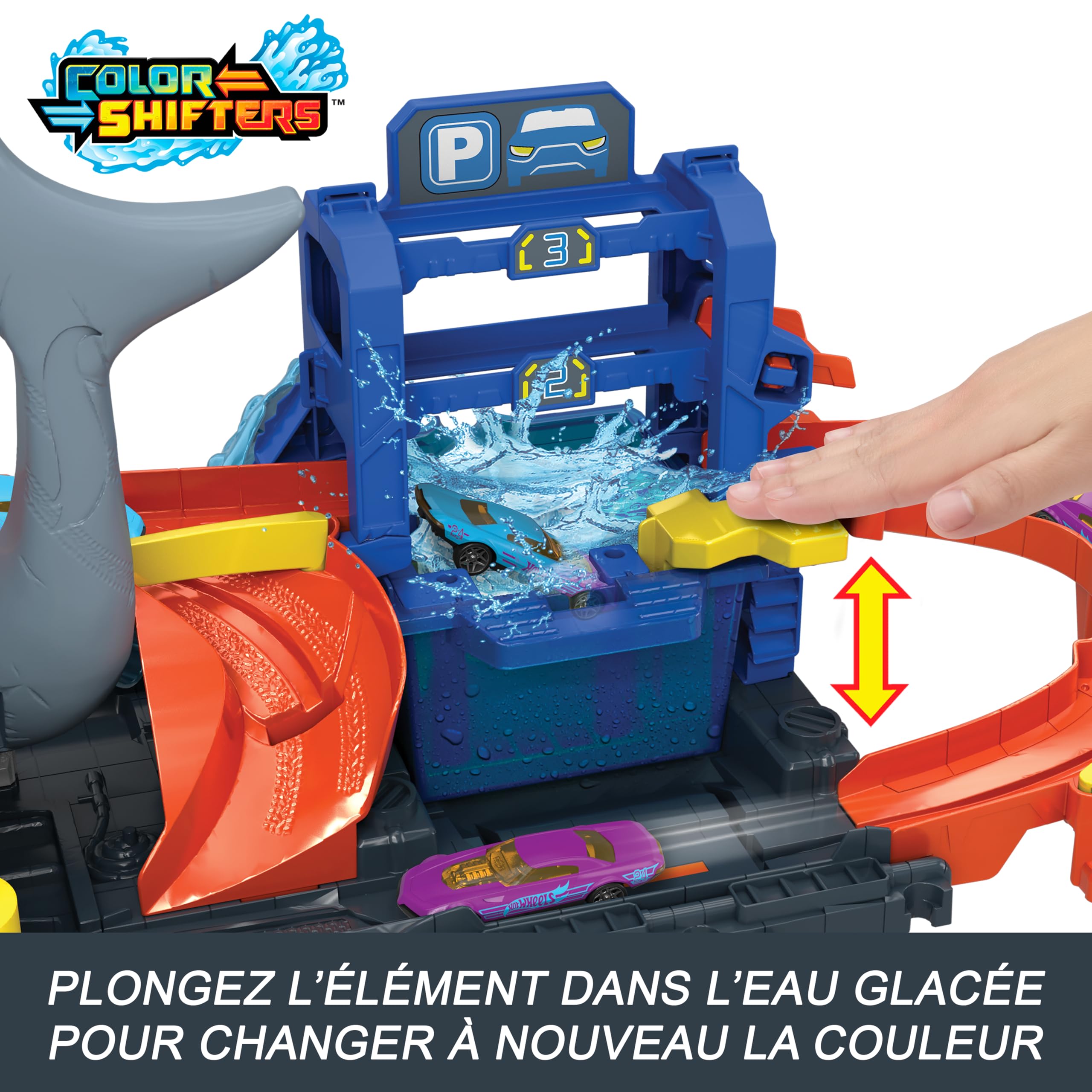 Hot Wheels Let’s Race Netflix - City Station de Lavage Requin Coffret Piste de Course avec Voiture Color Reveal à l’échelle 1/64, Fonction de Changement de Couleur et Rangement, HTN82