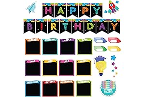 Decorably 88Pcs Chalkboard Vibrant Birthday Bulletin Board Set for Classroom Decor and Organization
