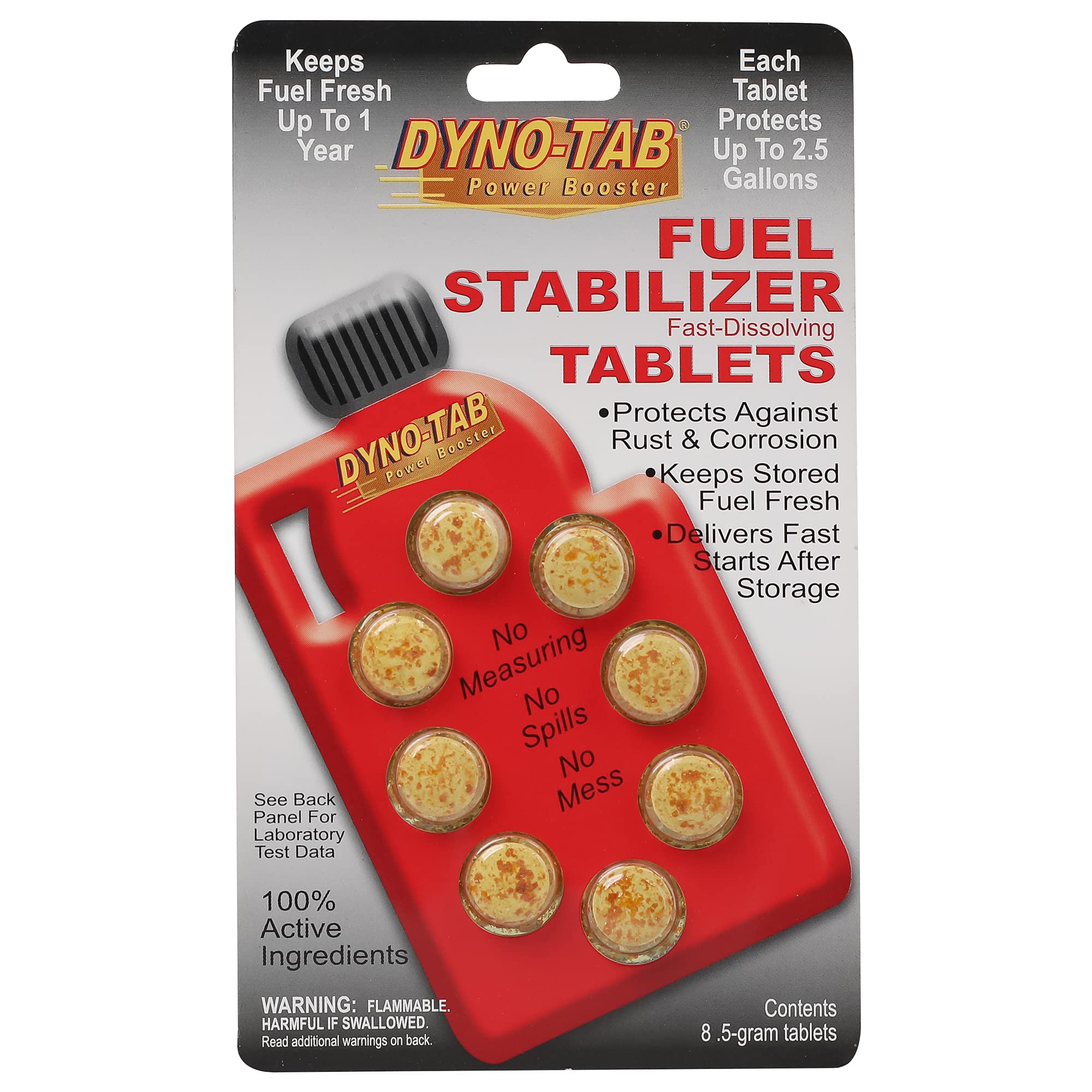 dyno tabFuel Stabilizer 64274 - Maximizes Power & Performance, Increase Octane, and Retards Carbon Build-up, and Reduce Friction & Wear, 8 Tablet Card 1 Tablet Treats 9.4 Liter