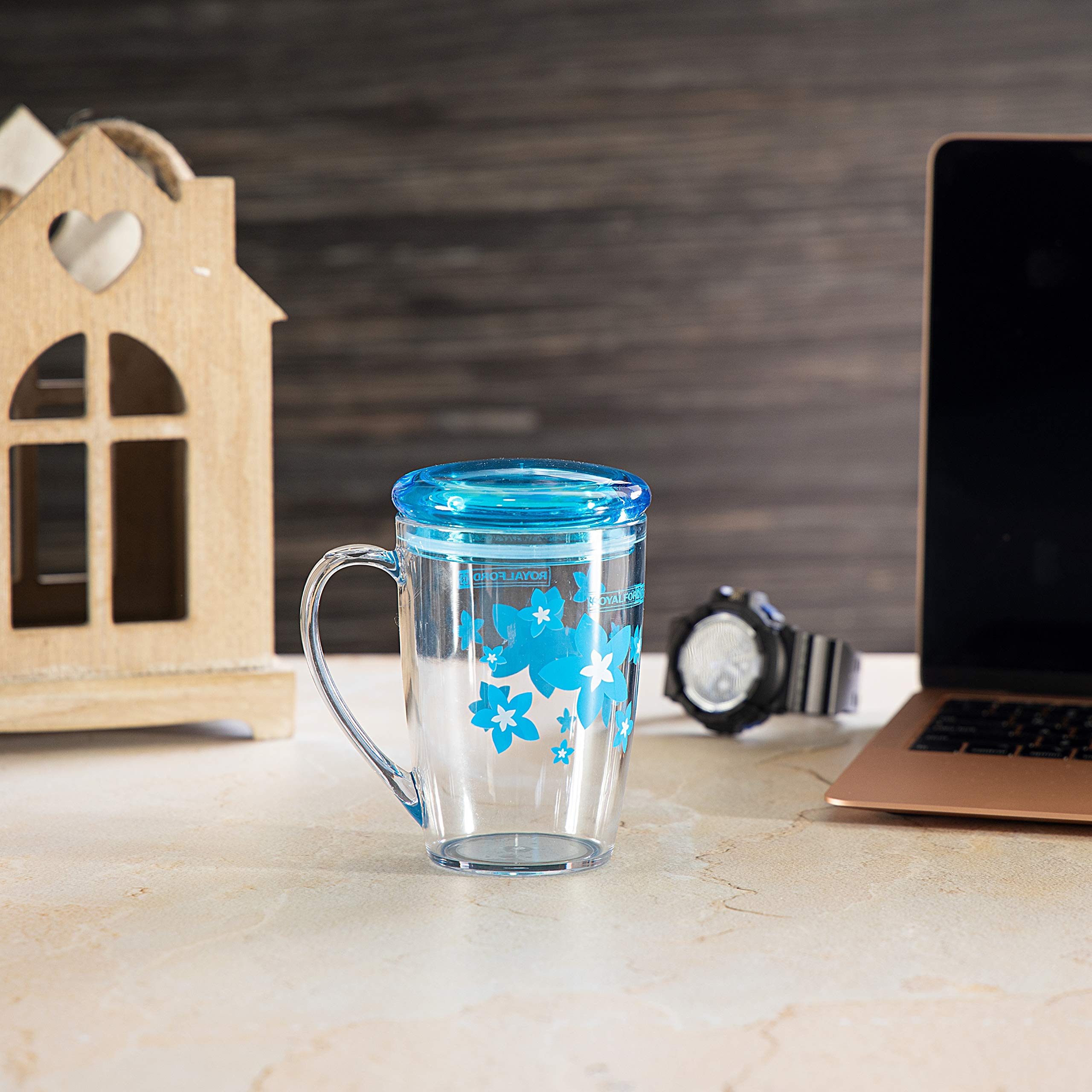 Royalford 350ML Acrylic Cup With Lid - Large Coffee Mug, Floral Design, Durable, Safe & Lightweight Acrylic l Thick Wall Small Portable Mug | Ideal for Hot & Cold Drinks with High Grip Handle