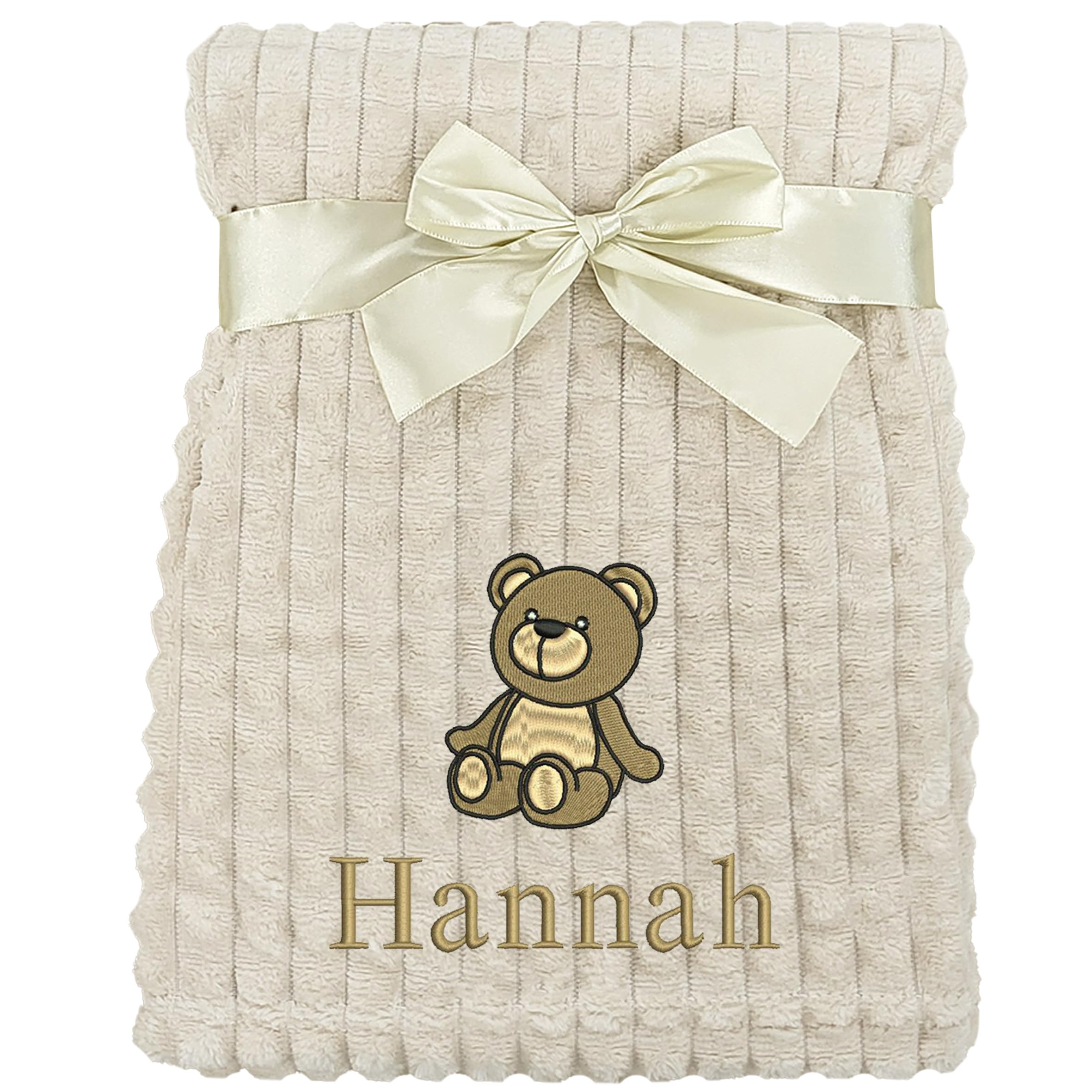 Personalised Baby Blanket Embroidered Bear & Name Soft Fleece Wrap (Brown Bear Beige Squares)