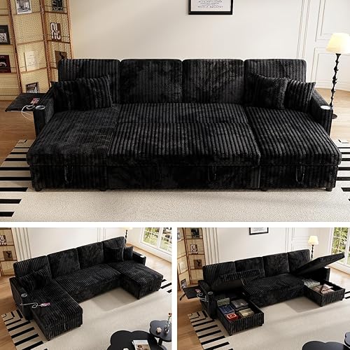 Sleeper Sectional Sofa, 110" Modern U Shaped Couch with Pull Out Bed, Convertible Corduroy Cloud Sofa with Double Storage Chaise, USB, Small Desktop, Comfy Modular Couch for Living Room, Black