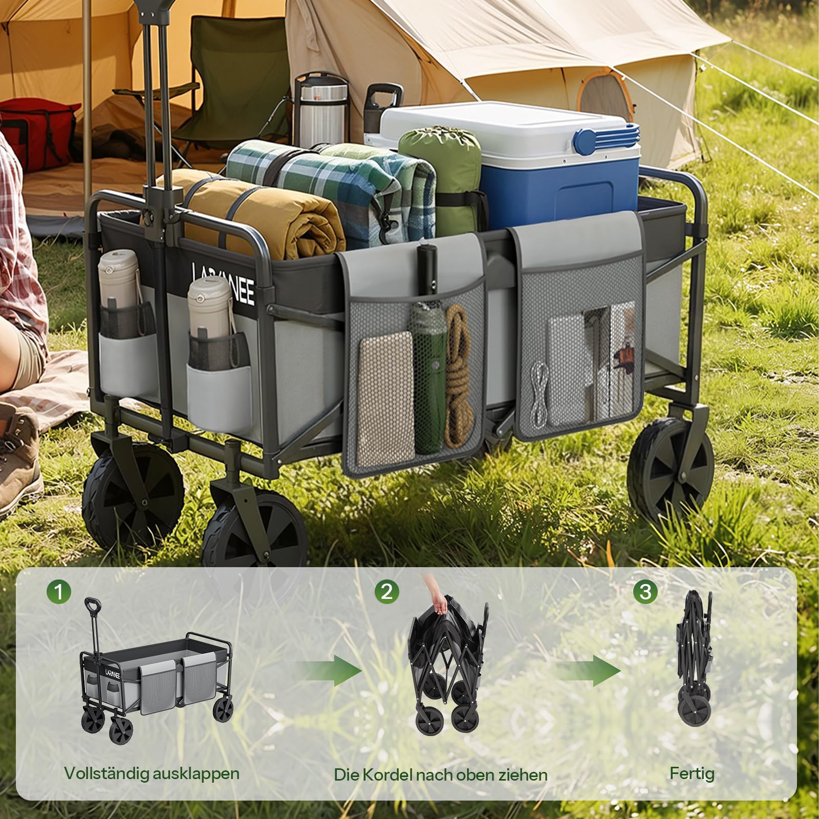 LARMNEE Faltbarer Handwagen, Gartenwagen, tragbarer Campingwagen mit verstellbarem Griff und 4 verstärkten Rädern, Bollerwagen, bis 120 kg belastbar, für Camping, Garten, Schwarz und Grau EBG01BW02
