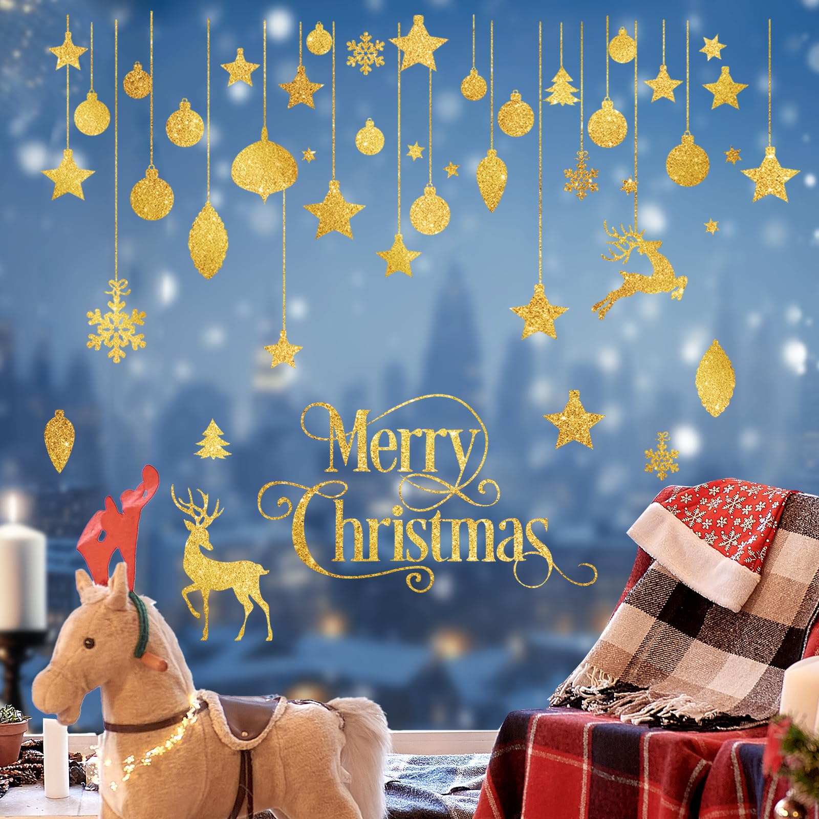 FUFUQUARE Christmas Wall Stickers Glitter Gold Reindeer Bells Snowflakes Ornaments Window Showcase Decals - Image 2