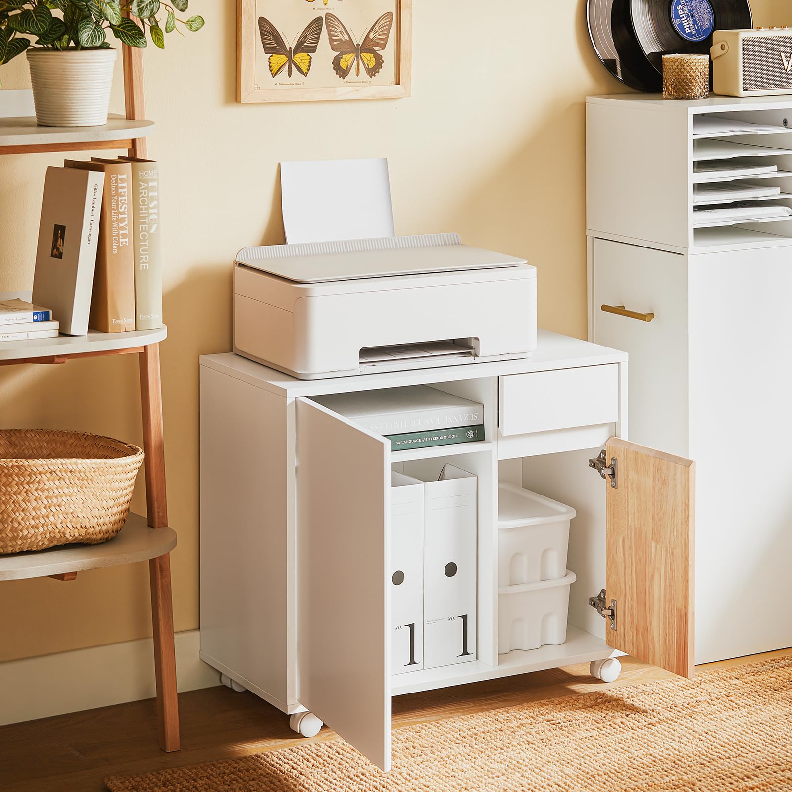 SoBuy Carrello da ufficio Carrello Portaoggetti con Cassetto Tavolino stampante Bianco-Naturale 65x35x58cm ASK04-WN