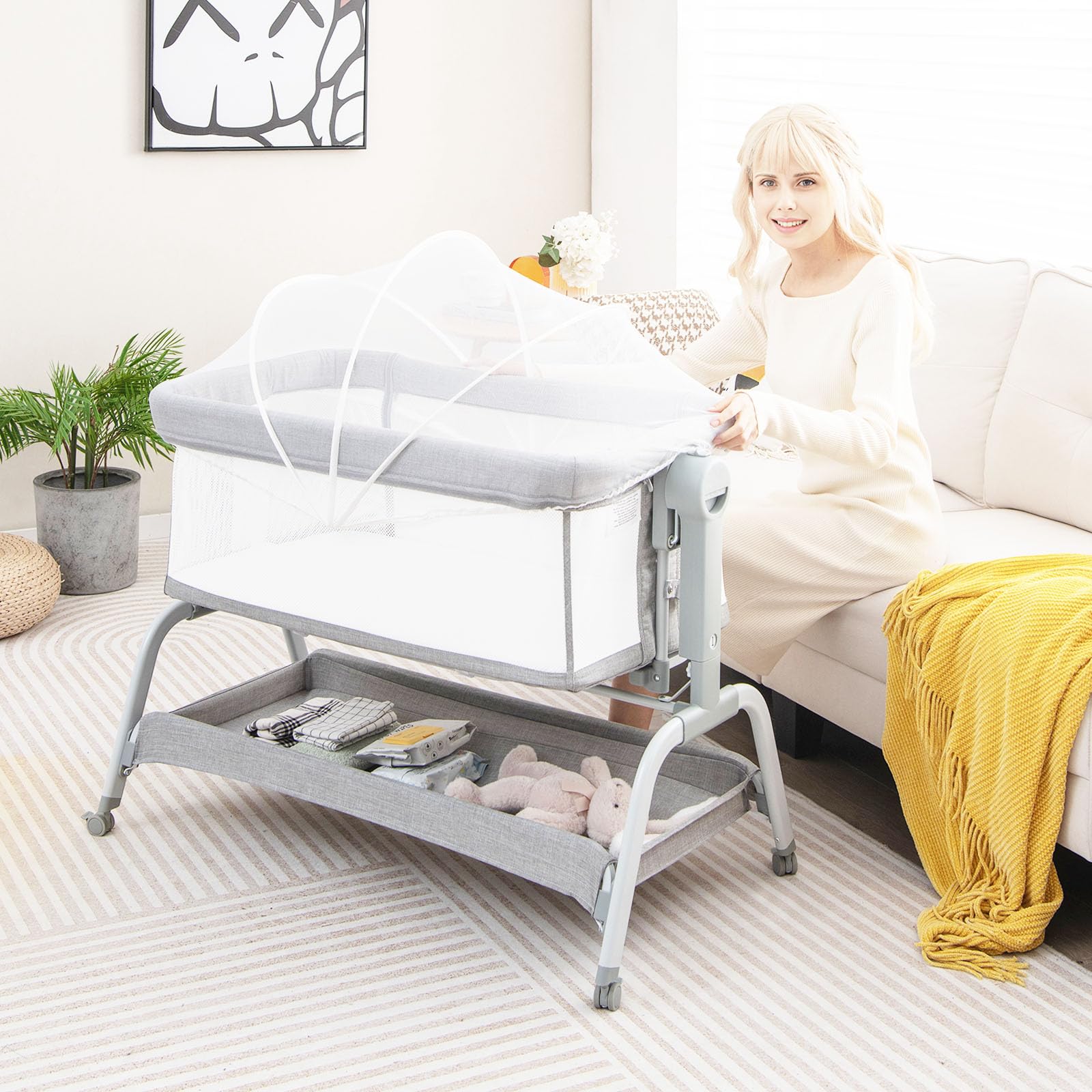 LIFEZEAL Babybett mit Moskitonetz, Baby Beistellbett mit Matratze & Rollen, Reisebett 6 Höhenverstellungen, Tragbares Babywiege für Baby 0-6 Monate, Stubenwagen mit Aufbewahrungskorb (Grau)