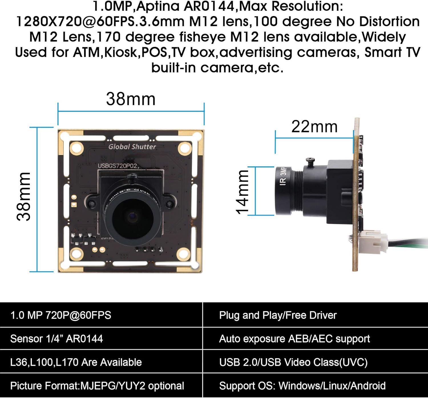 Global Shutter USB Camera Module Wide Angle 720P 60FPS USB Webcam Board for Computer Mini UVC USB2.0 PC Camera High Speed USB with Camera HD Video Industrial Lightburn Camera for Laptop Jetson Nano