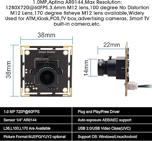 Miniatura 6 de Obturador global módulo de cámara USB gran angular 720P 60FPS USB Cámara web para computadora Mini UVC USB2.0 Cámara de PC USB de alta velocidad con