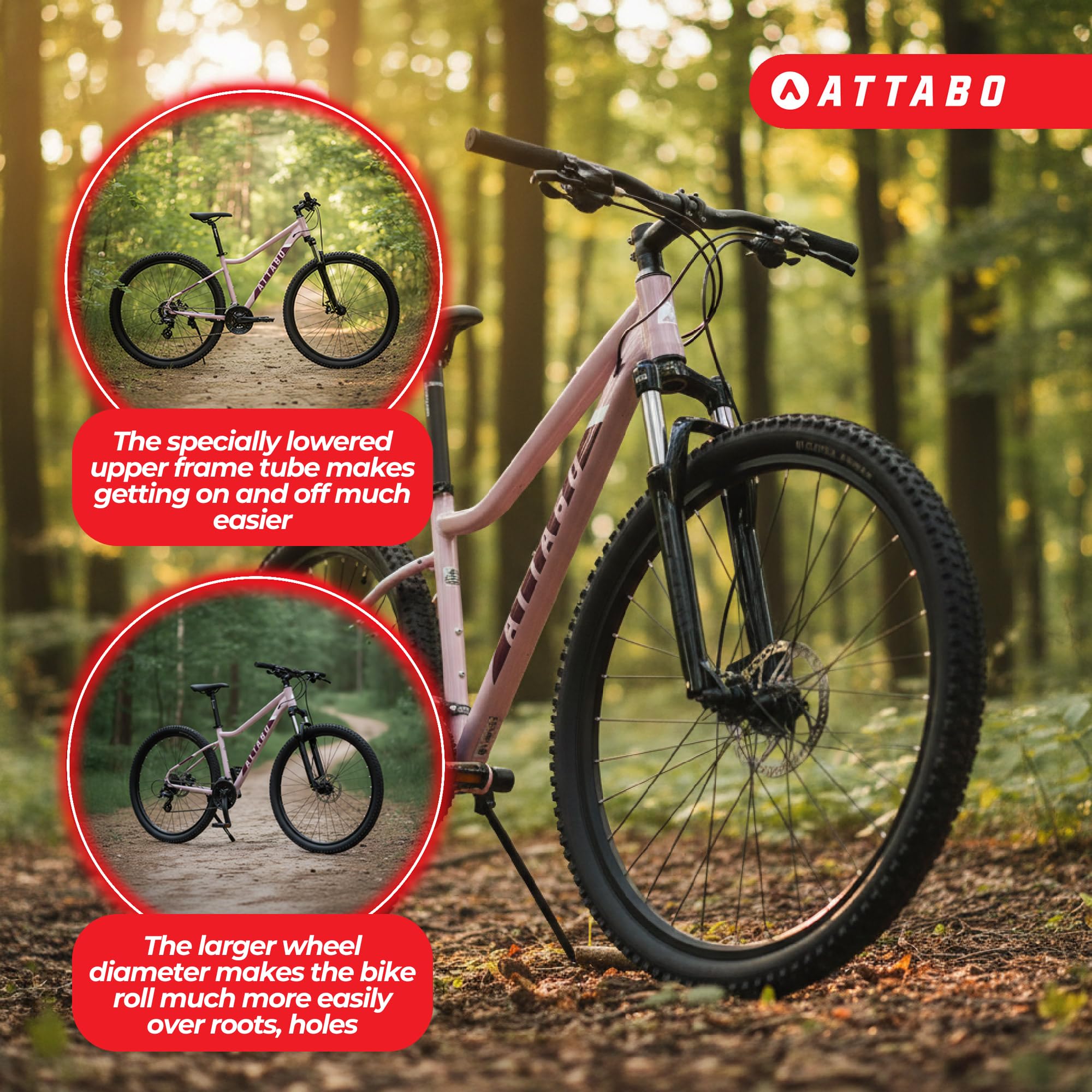 ATTABO Alpe 2.0 – damski rower górski z aluminiową ramą, widelec SR Suntour XCE, napęd Shimano 3 x 8 (24 biegi), hamulce tarczowe TEKTRO, z akcesoriami (klucze, dzwonek, reflektory)