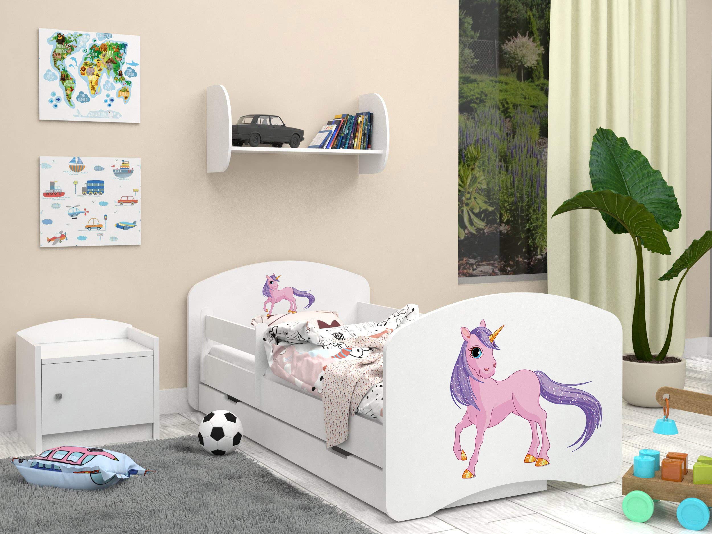 Happy Babies - Dwustronne łóżko dziecięce z szufladą Nowoczesne wzornictwo z bezpiecznymi krawędziami i zabezpieczeniem przed upadkiem materac piankowy 7 cm. (180 x 90, 29. jednorożec)