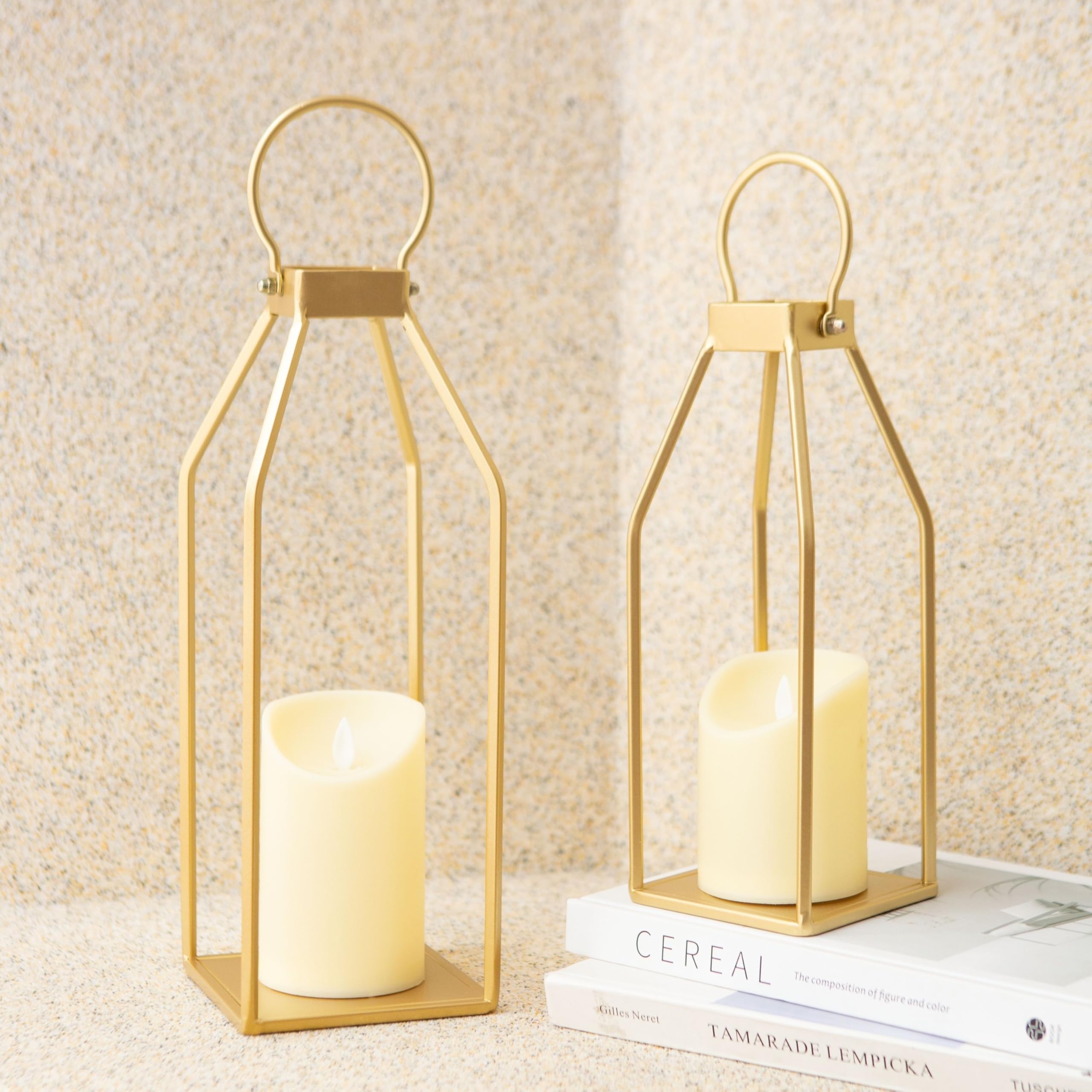 Perfnique Modern Farmhouse Lantern Decor, 15'' 13'' Set of 2 Metal Lanterns, 2 LED 6hr Timer Flickering Flameless Candles, Lanterns Decorative for Outdoor Decor, Home, Indoor, Patio (Gold)