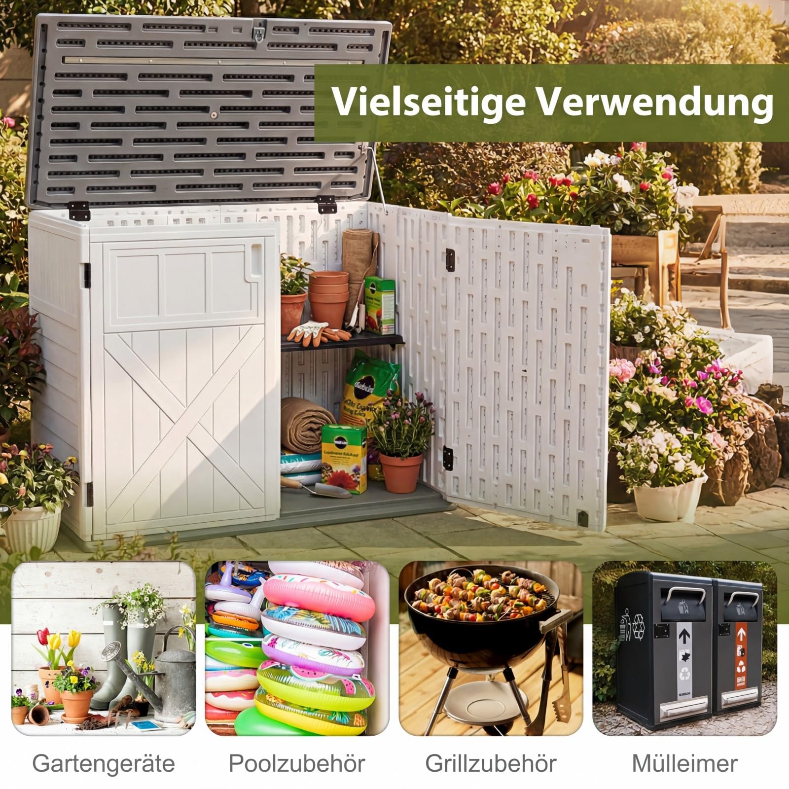 COSTWAY Gartenschrank wetterfest, Geräteschrank mit verstellbarem Regal, abschließbarem Deckel & Türen, Terrassenschrank aus HDPE, Outdoor Aufbewahrungsschrank, 118 x 63 x 94 cm