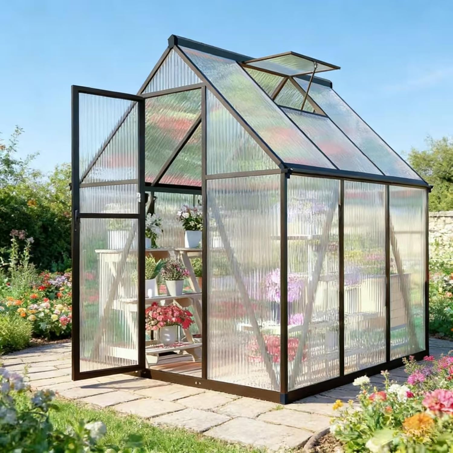 6 x 6 FT Greenhouse for Outdoors, Polycarbonate Greenhouse with Quick Setup Structure and Roof Vent, Aluminum Large Walk-in Green House for Outside Garden Backyard, Dark Gray