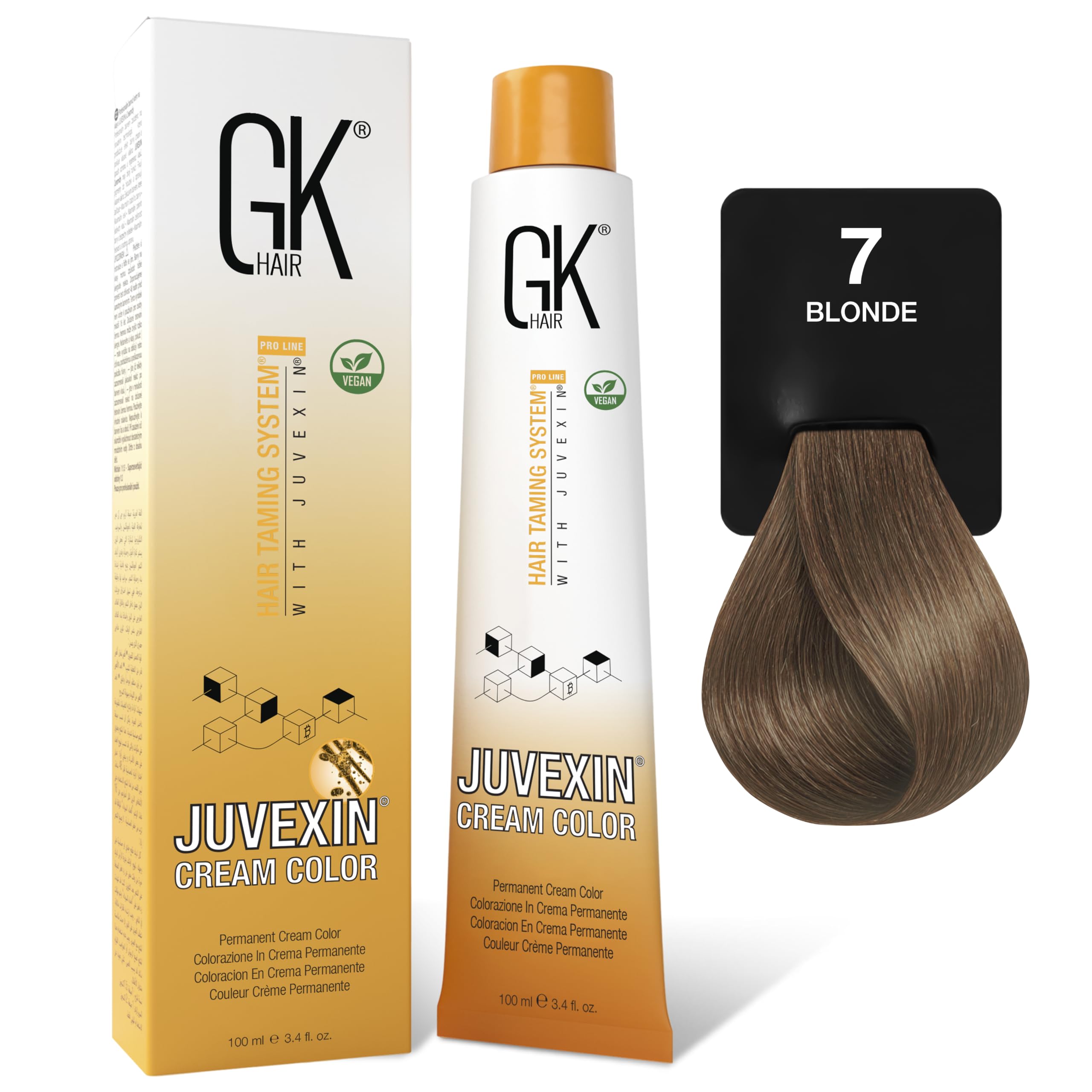 Global Keratin GK HAIR Professional Hair Color Cream Tube 3.4 Fl Oz Nourishing & Cleansing Colors for Styling High Performance Long Lasting Permanent Natural Toner Dye, Naturals - 7 Blonde