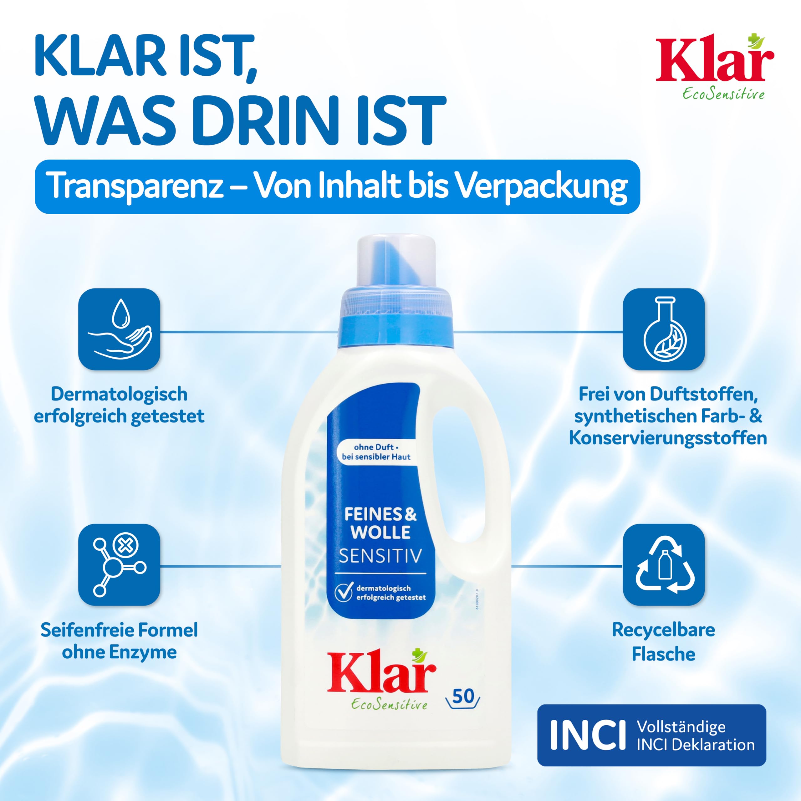 Klar EcoSensitive Waschmittel Feines & Wolle SENSITIV, 12x 500ml - Ohne Duft