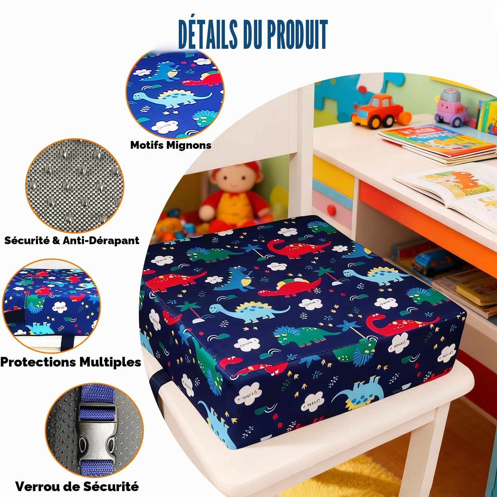 Rehausseur de chaise enfant, 33 x 33 x 8 cm, coussin de siège déperlant, rehausseur de table, rehausseur portable, lavable, réglable, démontable, antidérapant (bleu)