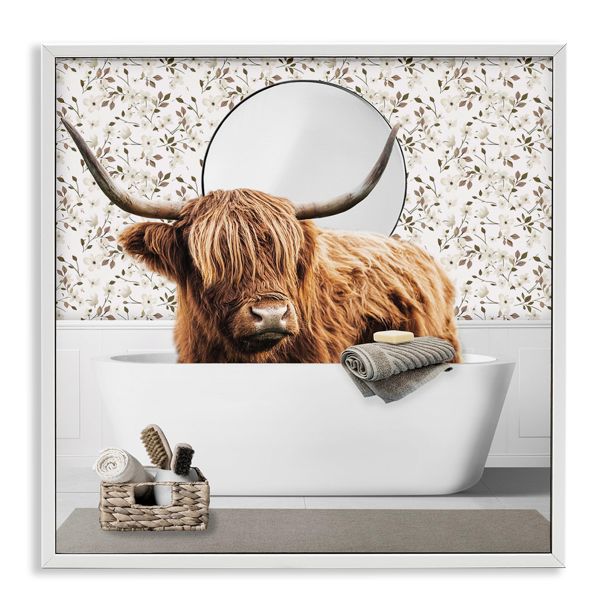 Stupell Industries 'Boho Cattle Bath Time', Framed Giclee Art, White, 24 x 24 Inches, Easy to Hang and Sturdy, Made in USA, by CAD Designs