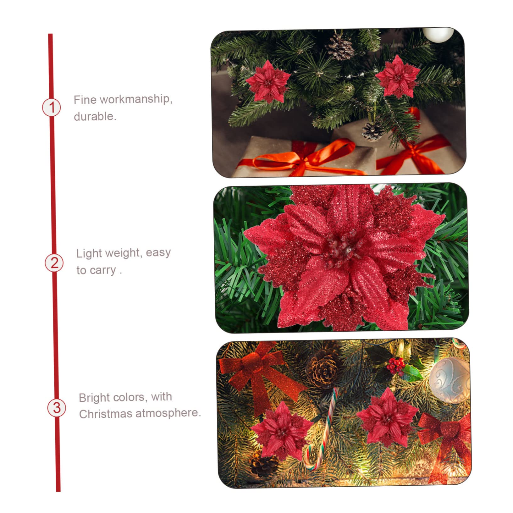 48 Piezas de Flores de Navidad árbol de Navidad Poinsettia con Purpurina navideña, Flores de Navidad con Purpurina, Corona de Navidad con Purpurina Artificial en Polvo, cártamo