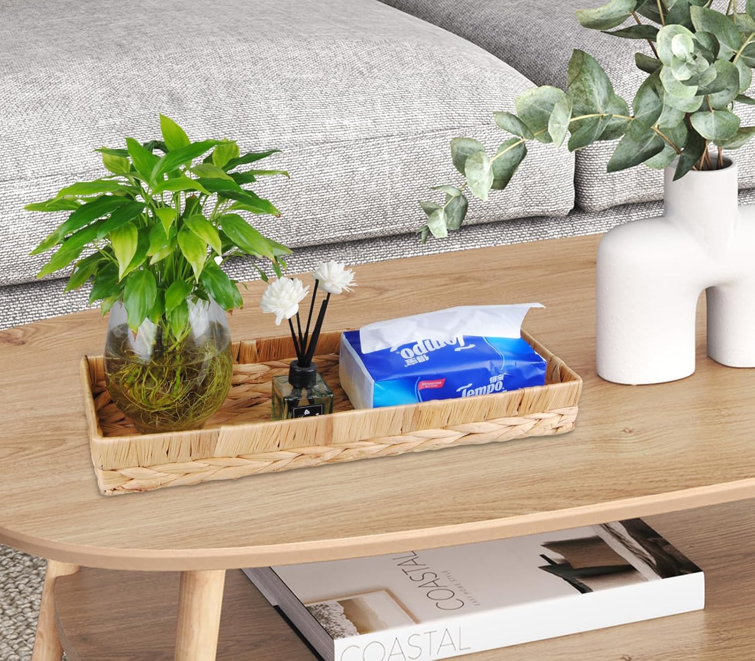 Rectangle Bathroom Tray, 16" Bathroom Over Toilet Tank, Water Hyacinth Wicker Basket for Bathroom Counter Long Narrow Hand Towel Storage Basket for Home Decor, Rattan Yellow - Image 4