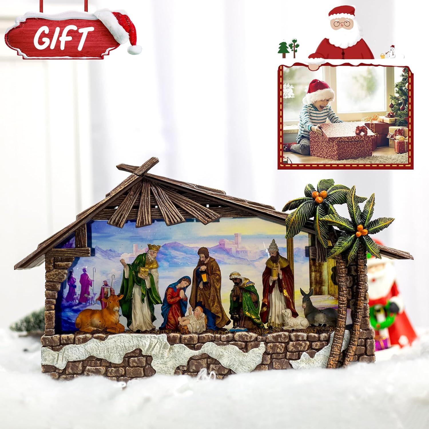 Nativity Christmas Snow Globes - Nativity Sets for Christmas Indoor, 13.5" Large Snow Globe Lighted Christmas Nativity Decorations Indoor Home Décor, Music & Timer, Battery Powered