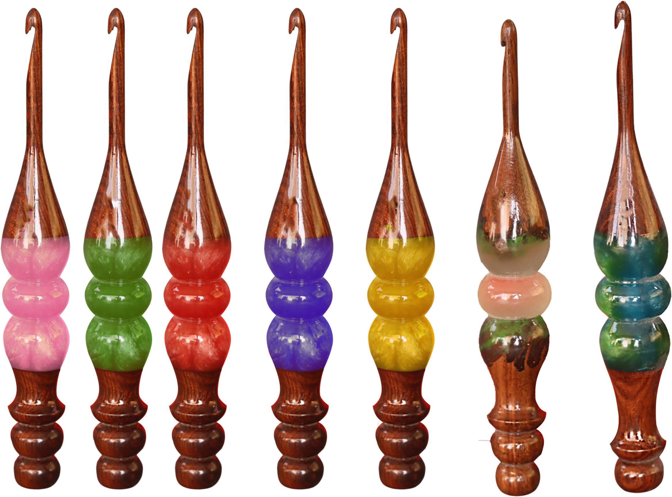 Wooden Crochet Hook for Yarn Crafts | Resin-Embellished Crochet Hook for Effortless Knitting and Crocheting (WoodResin, Set of 7)